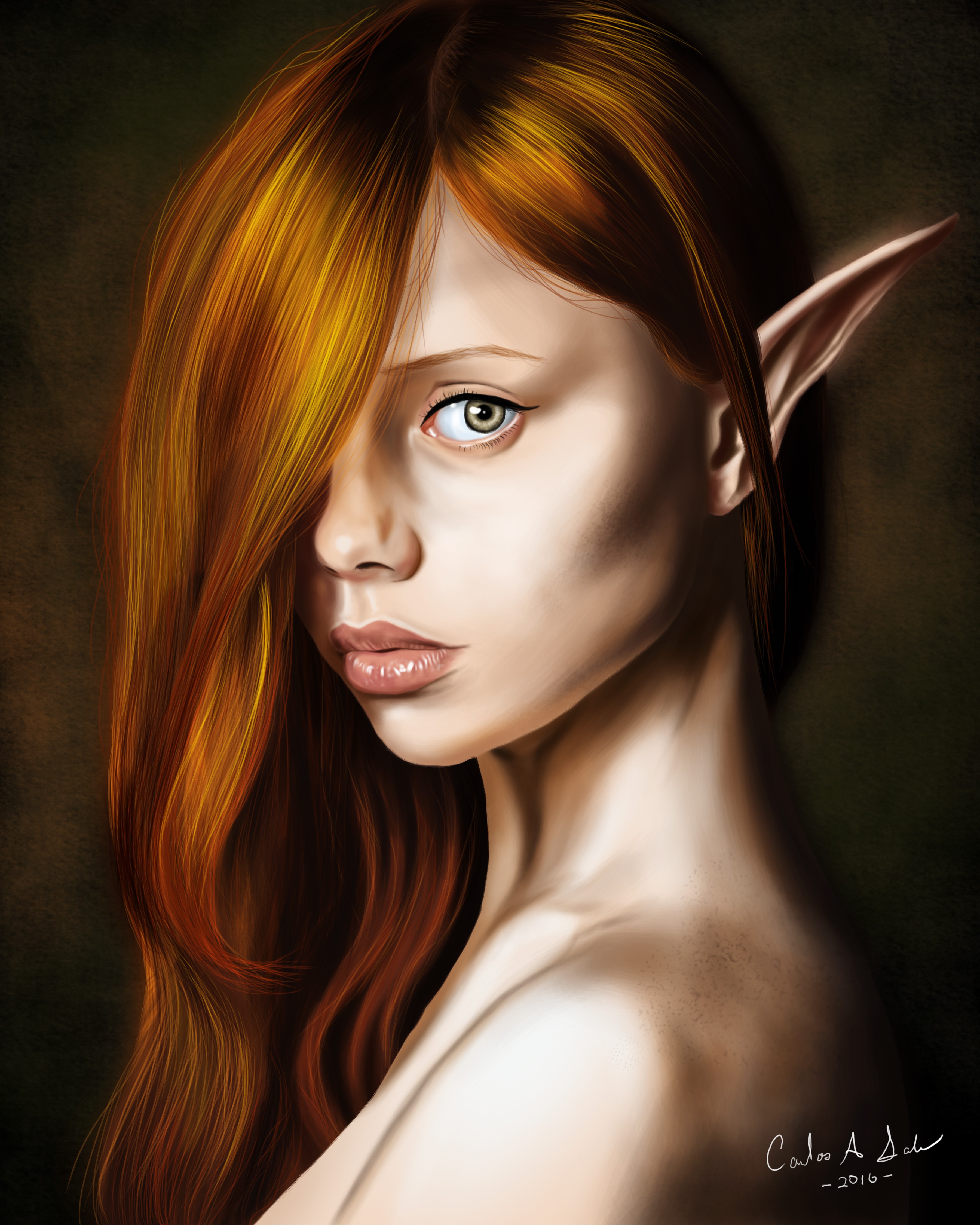 Redheaded elf girl with pointed ears HD Phone Wallpaper