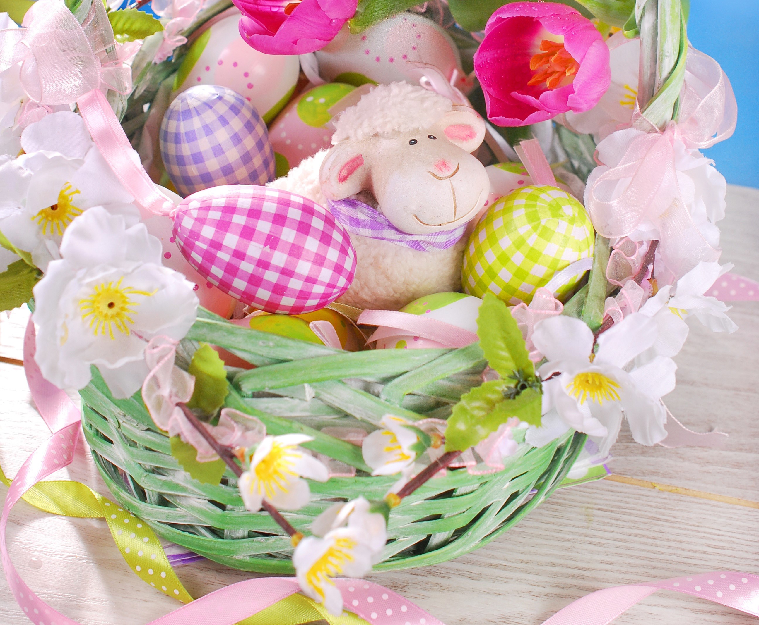 Easter basket with decorated eggs and a sheep HD Wallpaper