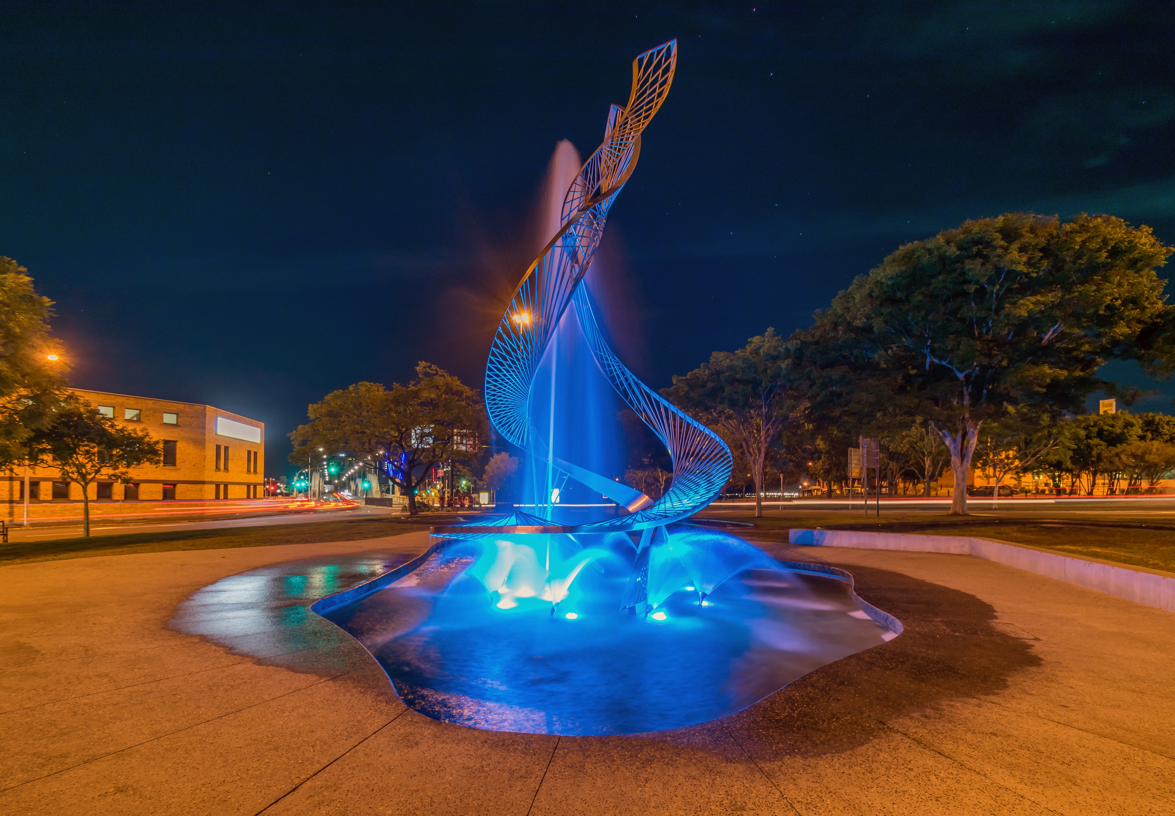 Modern Sculpture Fountain at Night HD Wallpaper