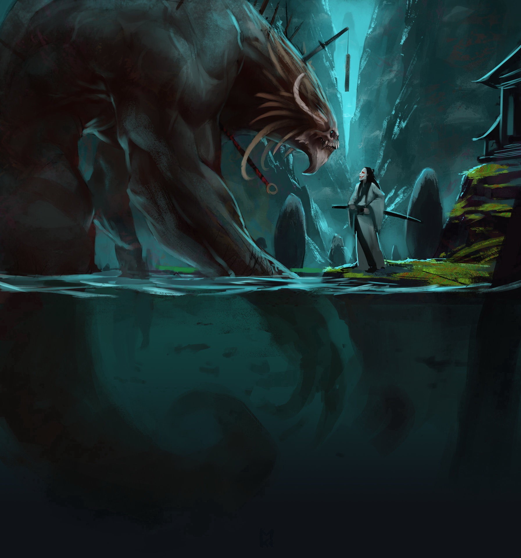 Warrior faces a giant monster by the water HD Wallpaper