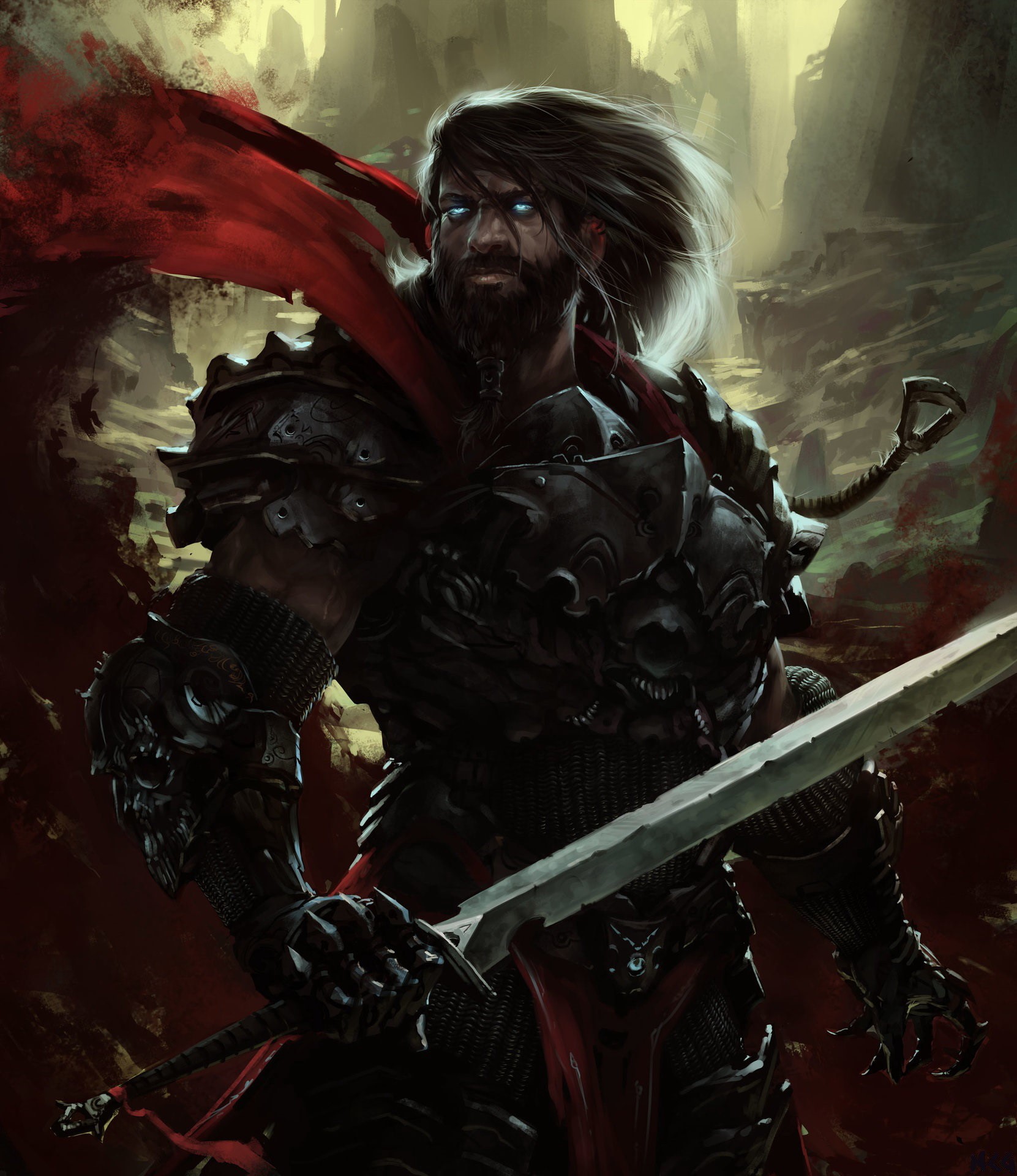 Warrior in dark armor with red cape and sword HD Wallpaper