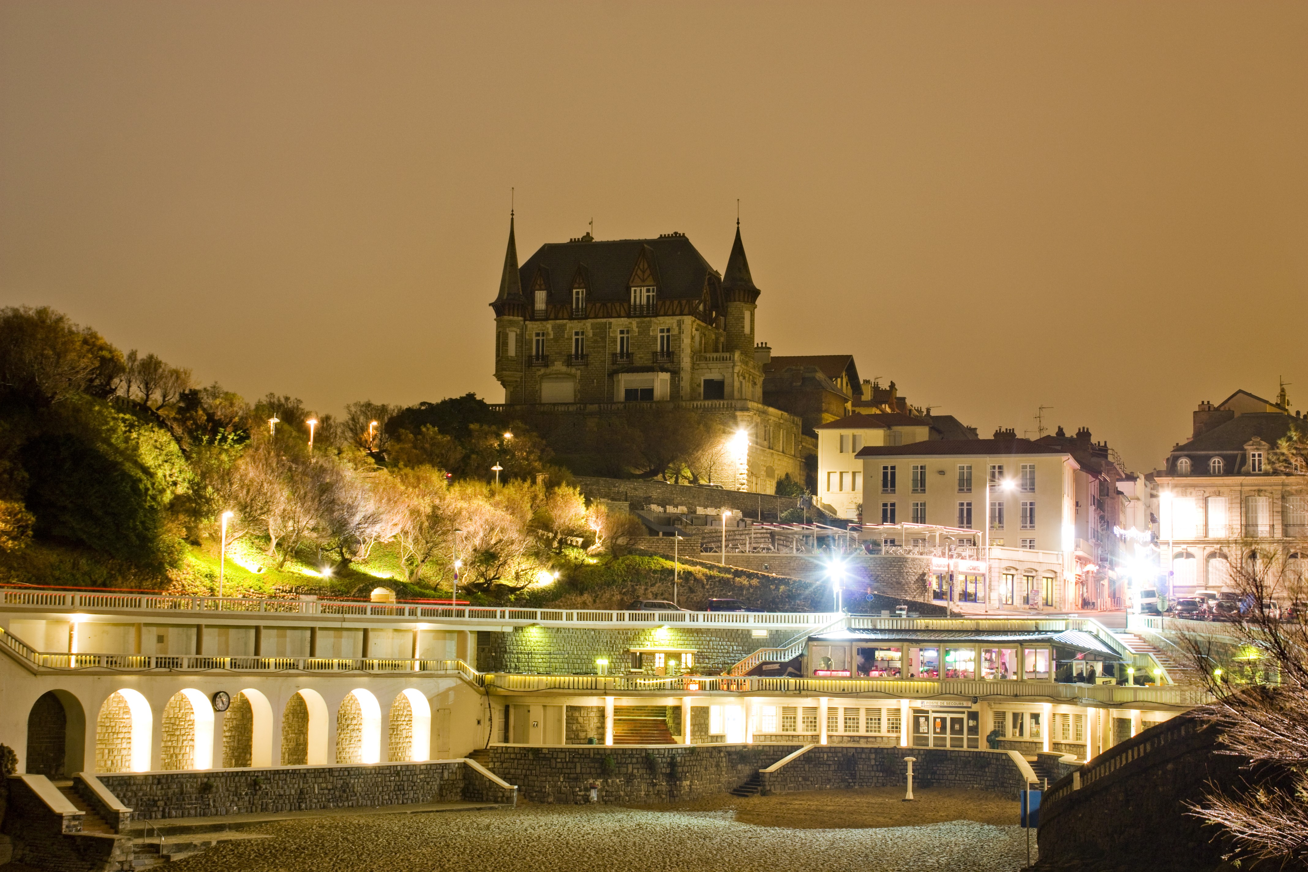 Biarritz Aquitaine France Houses Evening Street Lights HD Wallpaper