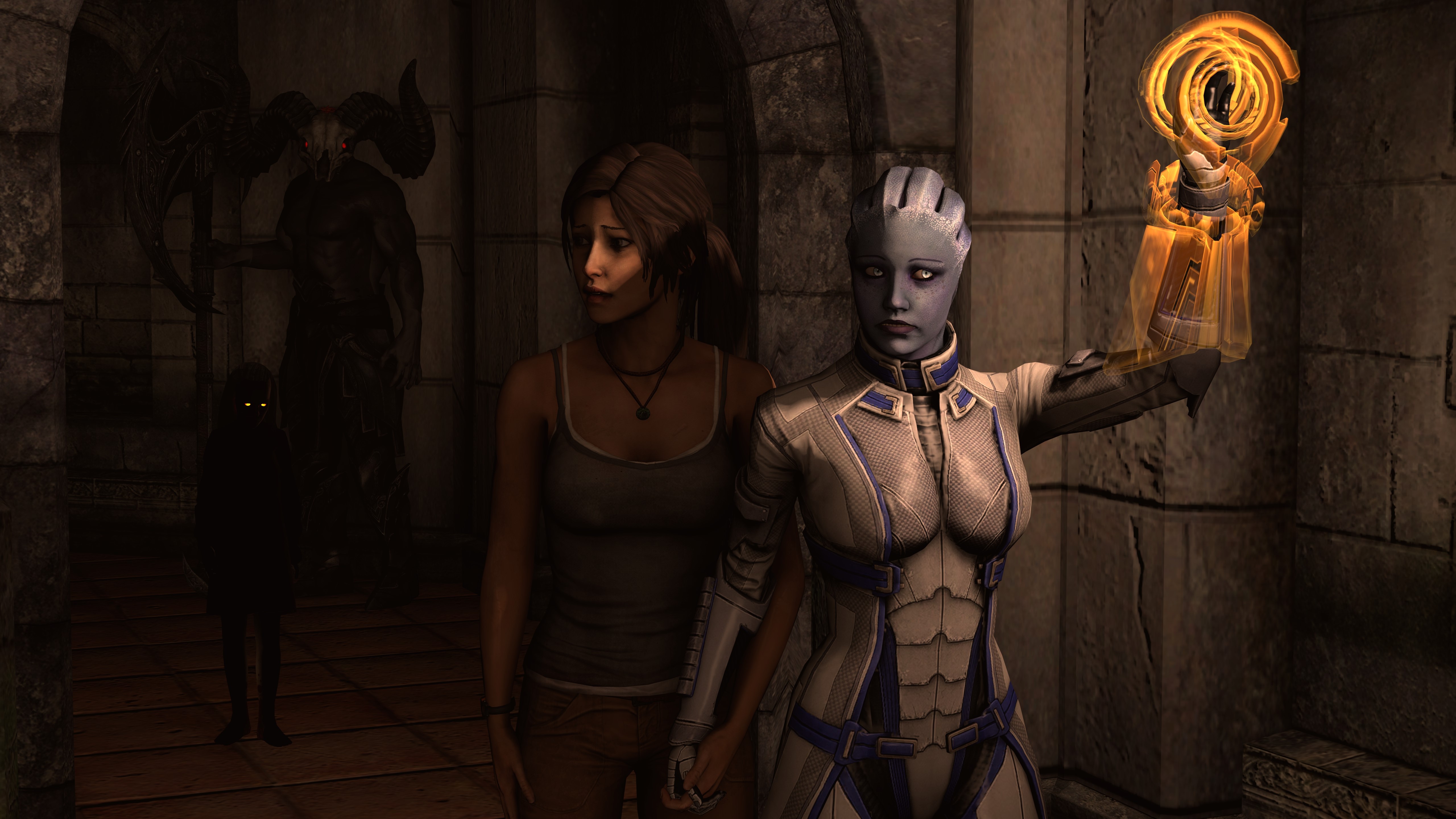 Lara Croft and Liara T'Soni with demons in background HD Wallpaper