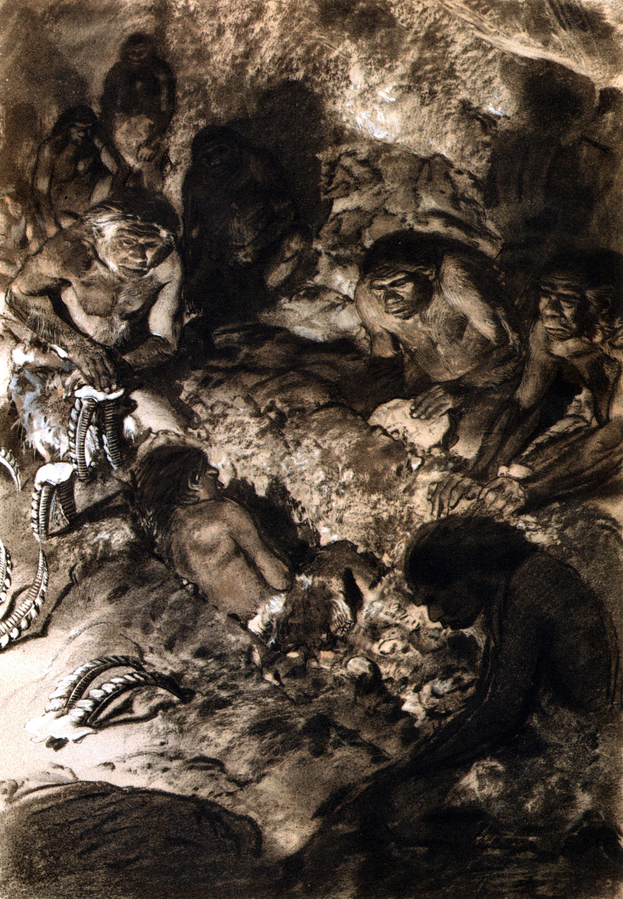 Zdenek Burian's depiction of the Teshik-Tash burial HD Phone Wallpaper