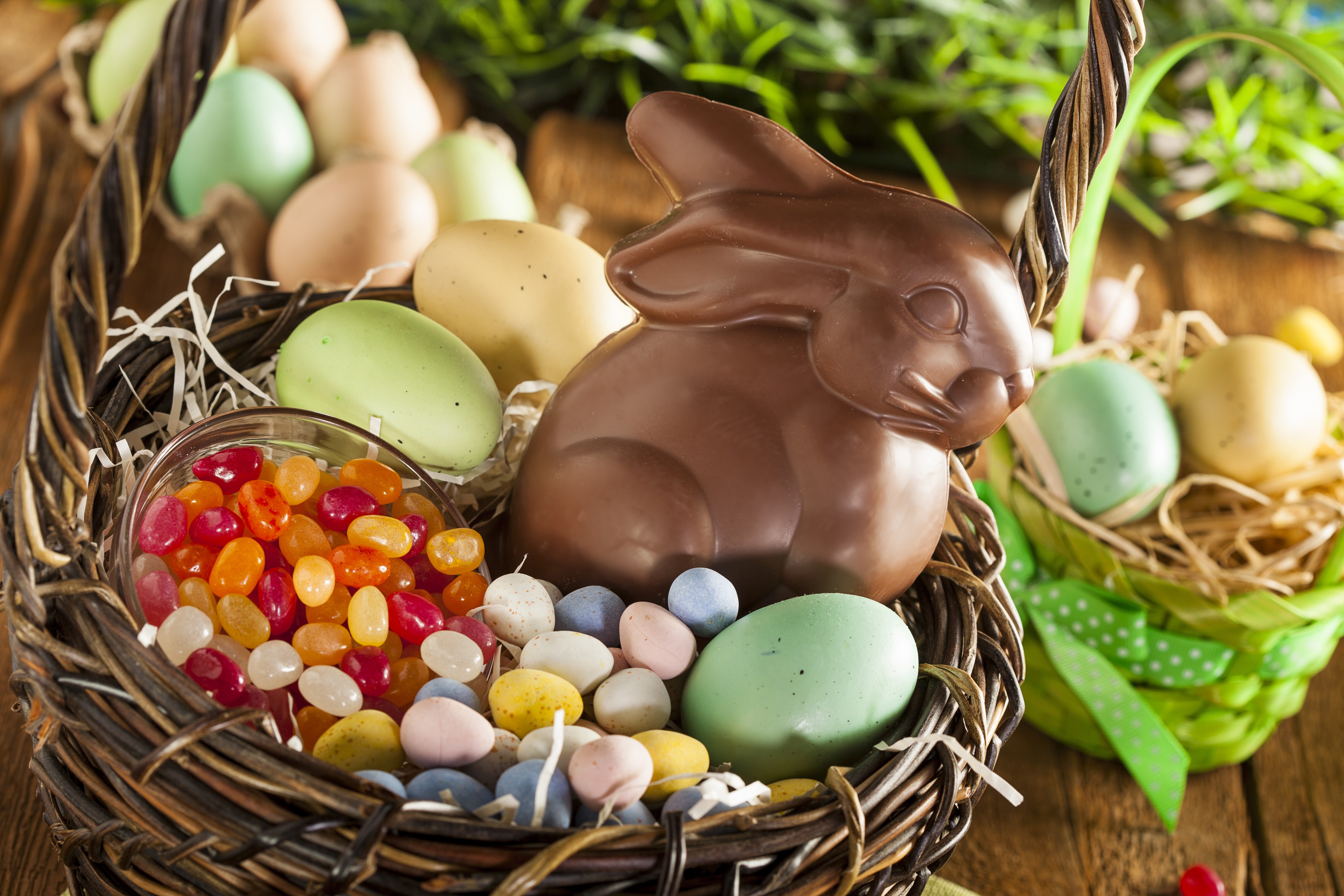 Easter basket with chocolate bunny, eggs, and jelly beans HD Wallpaper