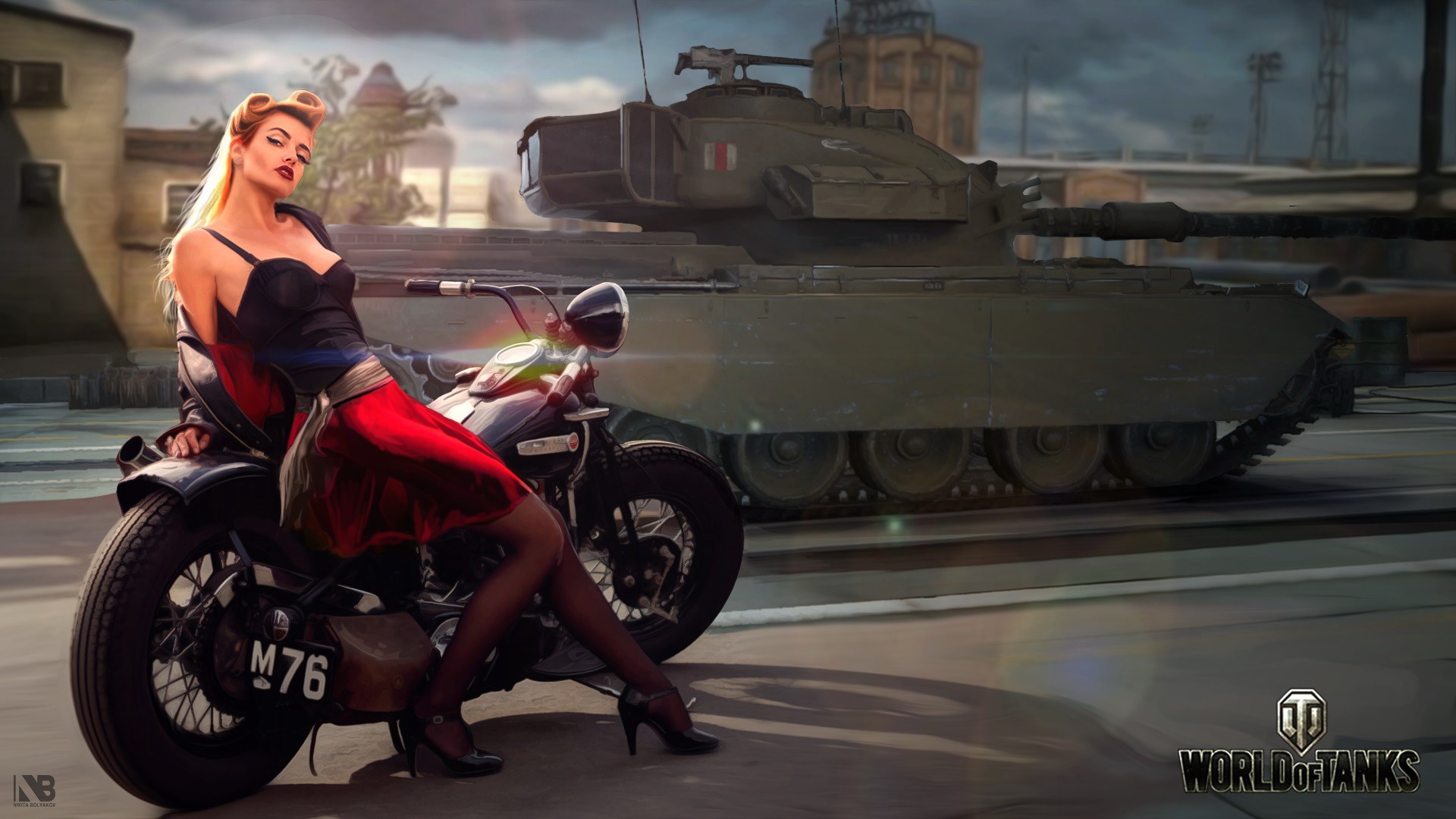 Pin-up girl on a motorcycle with a tank in the background HD Wallpaper