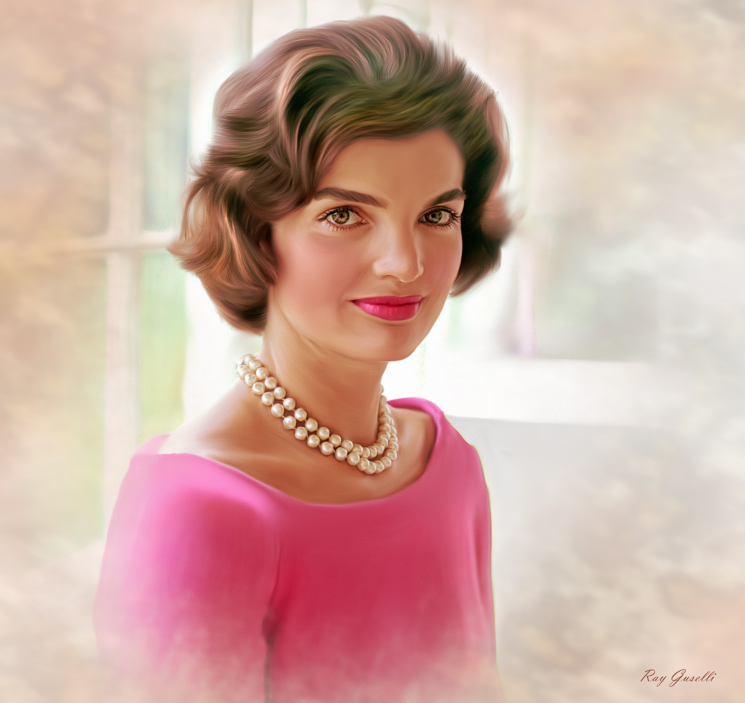 Jackie Kennedy wearing a pink dress and pearl necklace HD Wallpaper