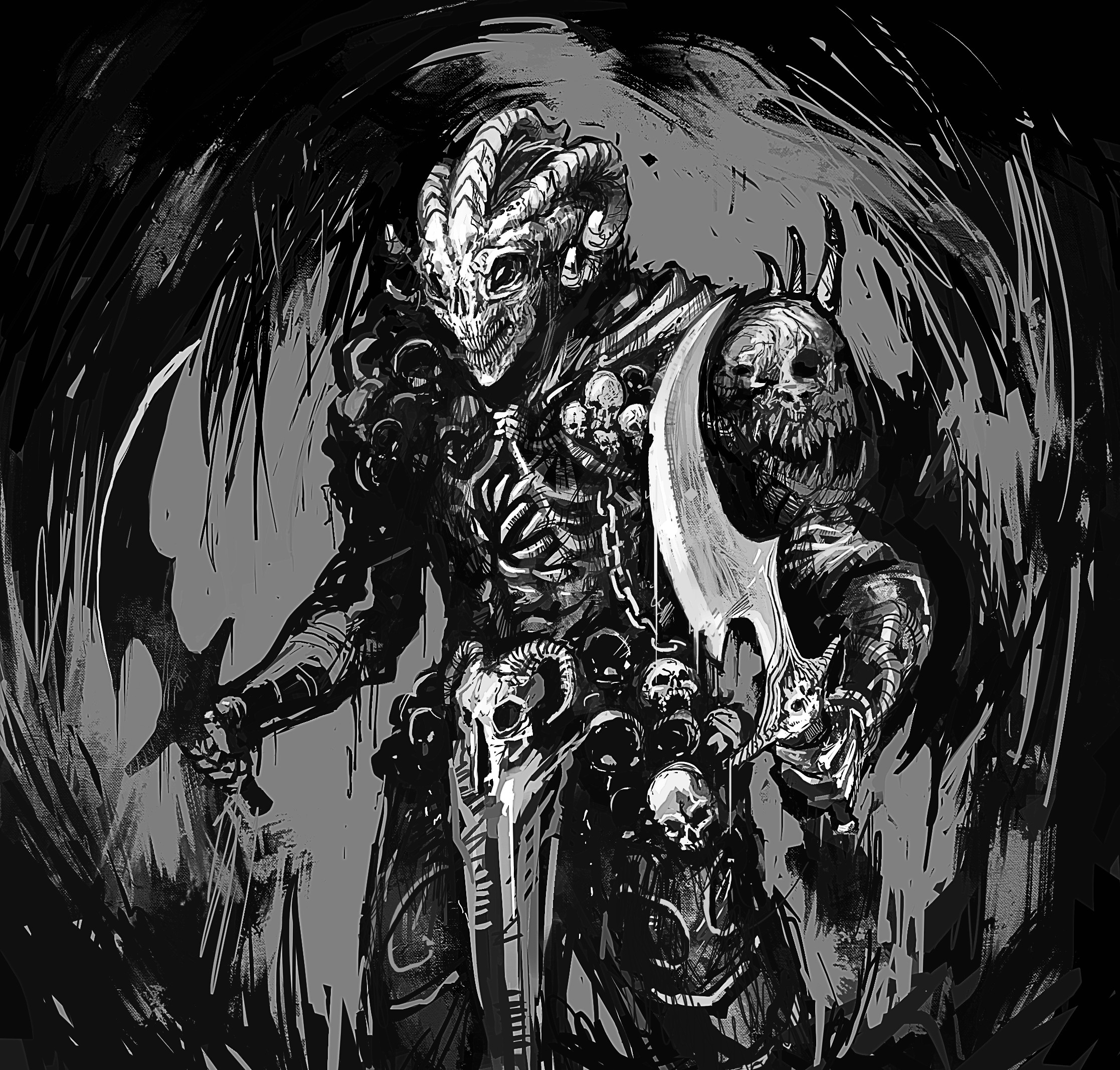 Demonic warrior with swords and skulls HD Wallpaper