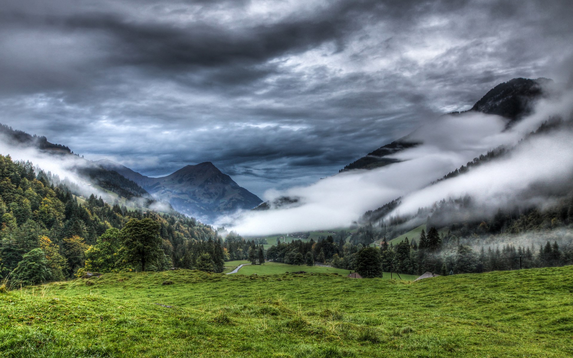 Misty mountains and green valley HD Wallpaper