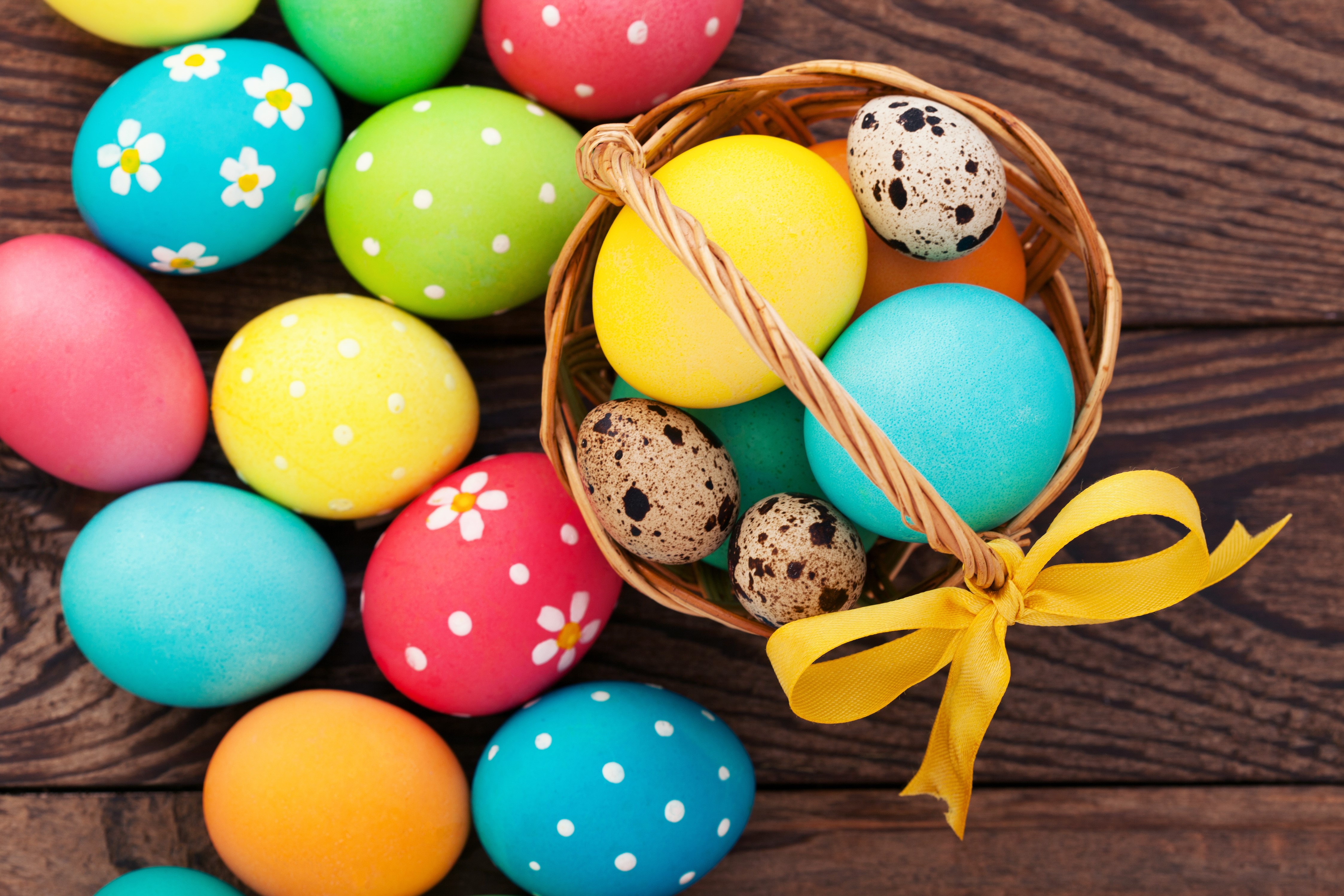 Easter eggs in a wicker basket with a yellow bow HD Wallpaper