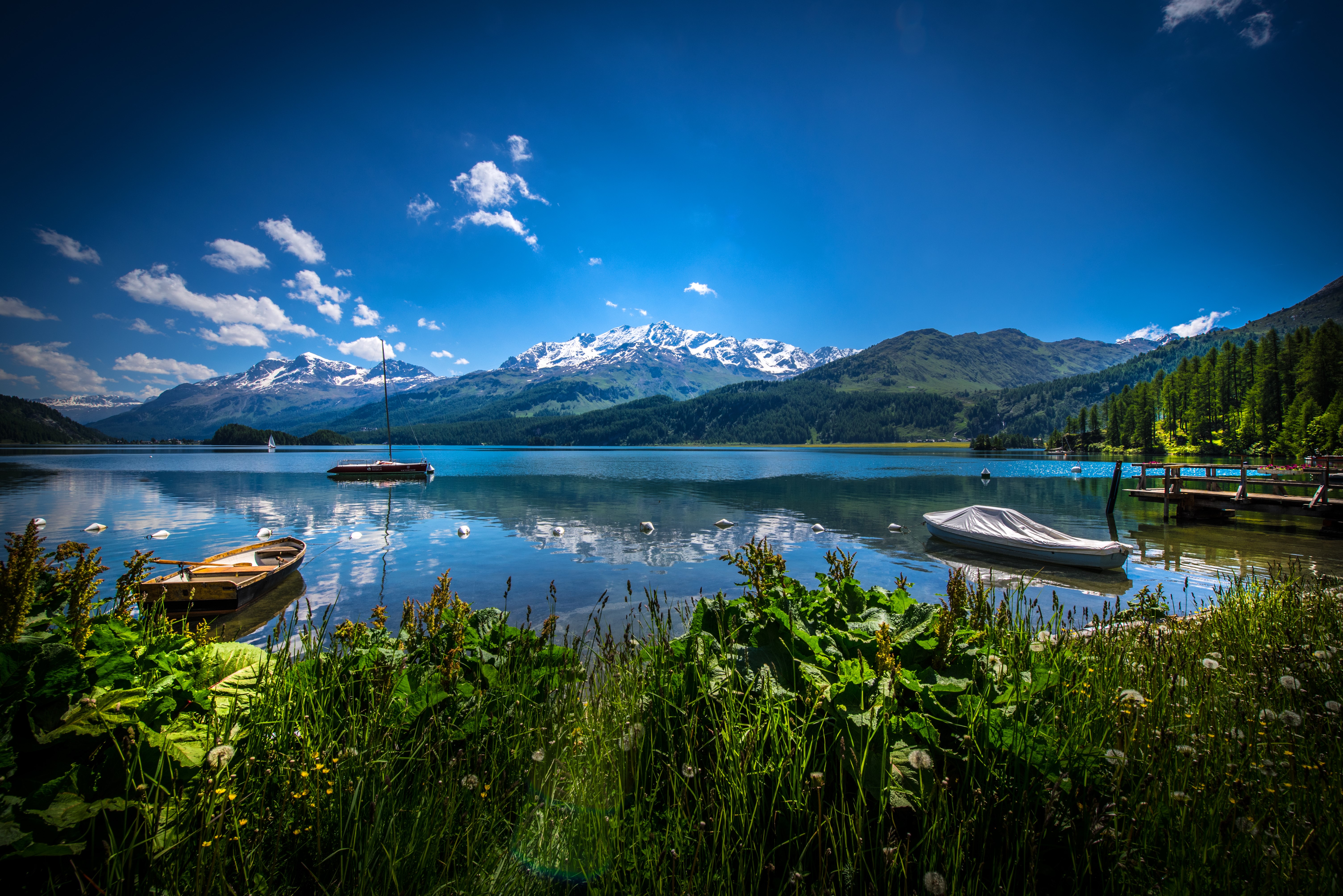 Lake Sils Switzerland Mountains Boats Scenery HD Wallpaper