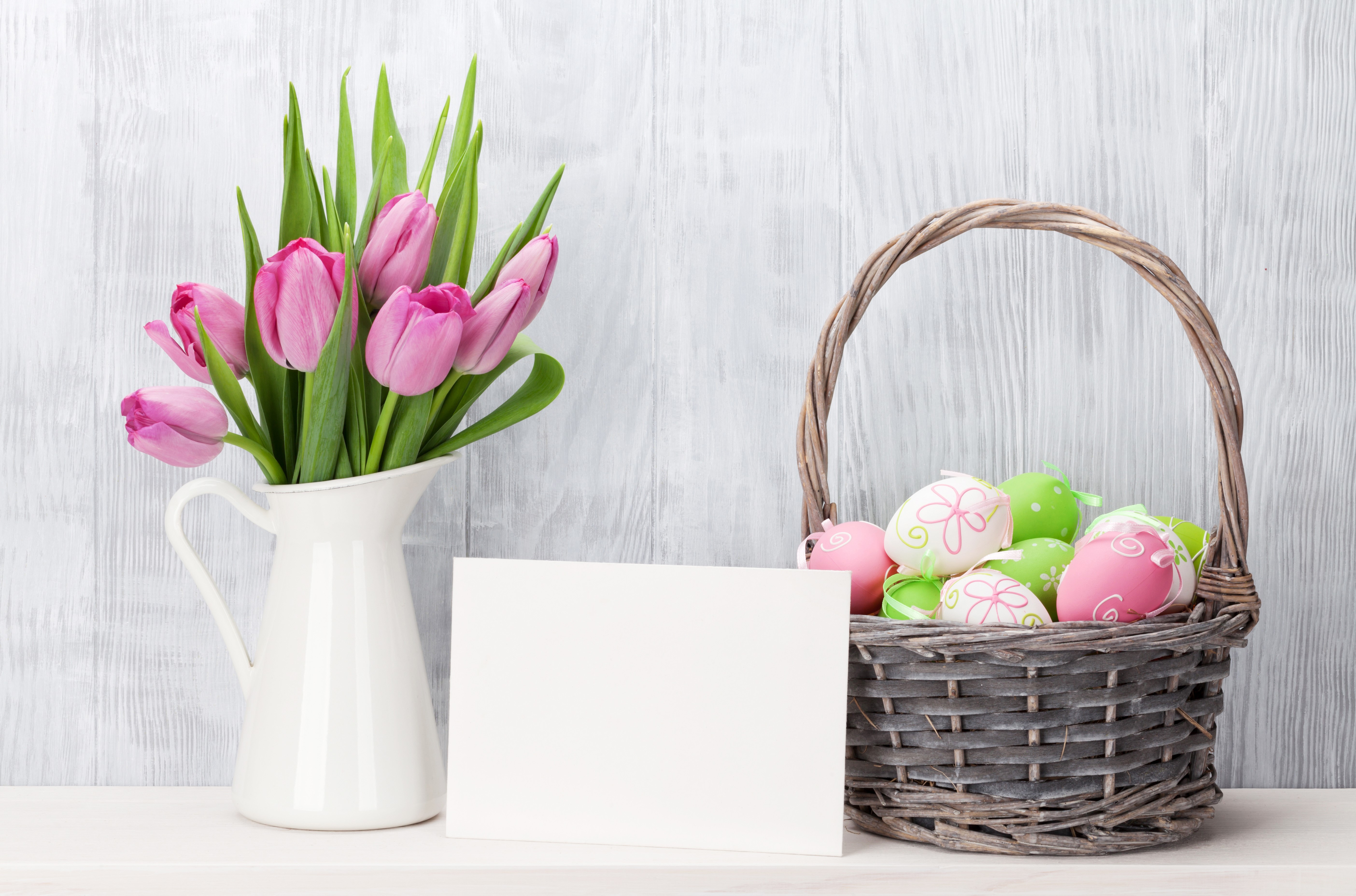 Easter Tulips and Eggs in a Basket with Greeting Card HD Wallpaper