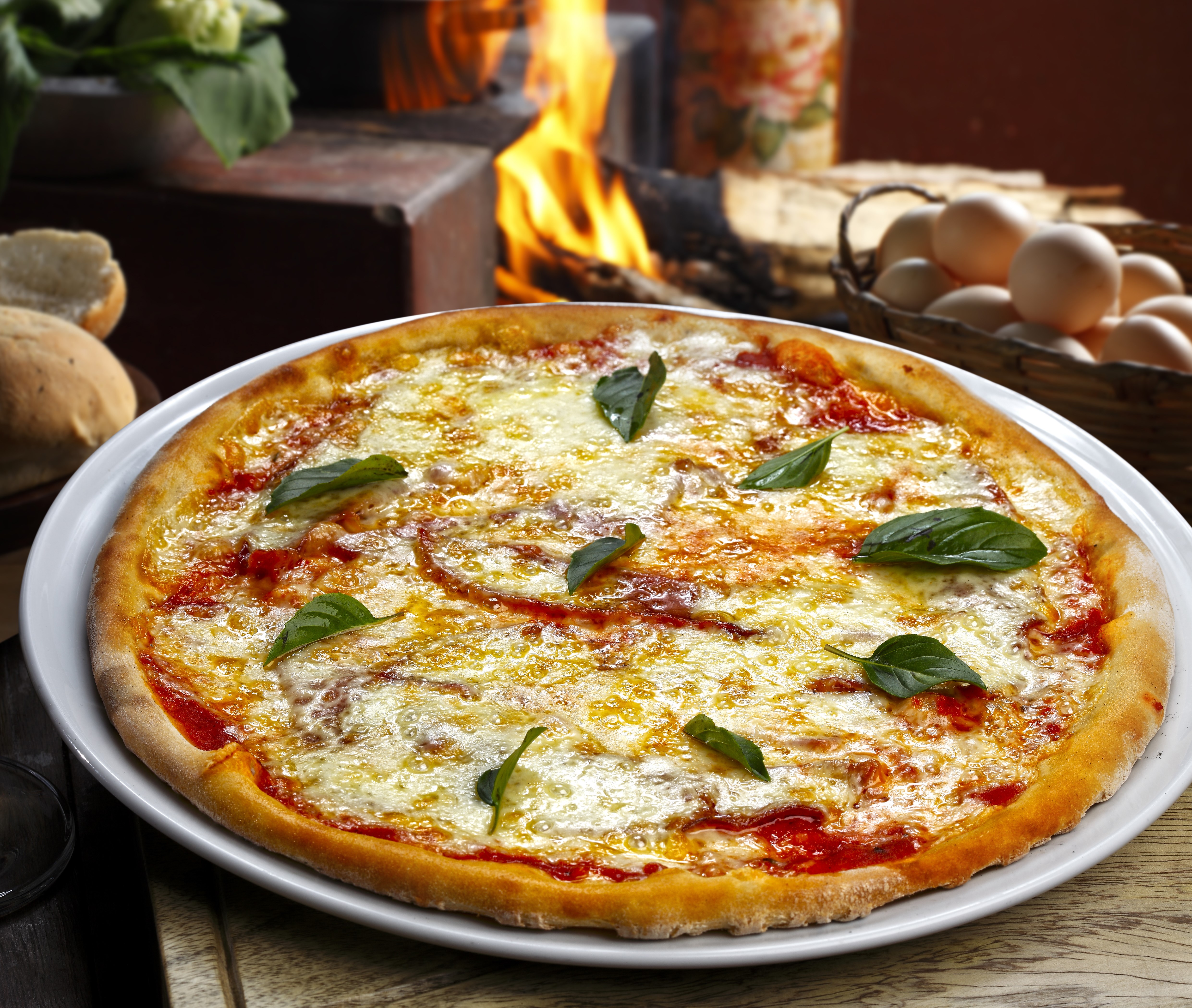 Pizza with cheese and basil on a plate HD Wallpaper