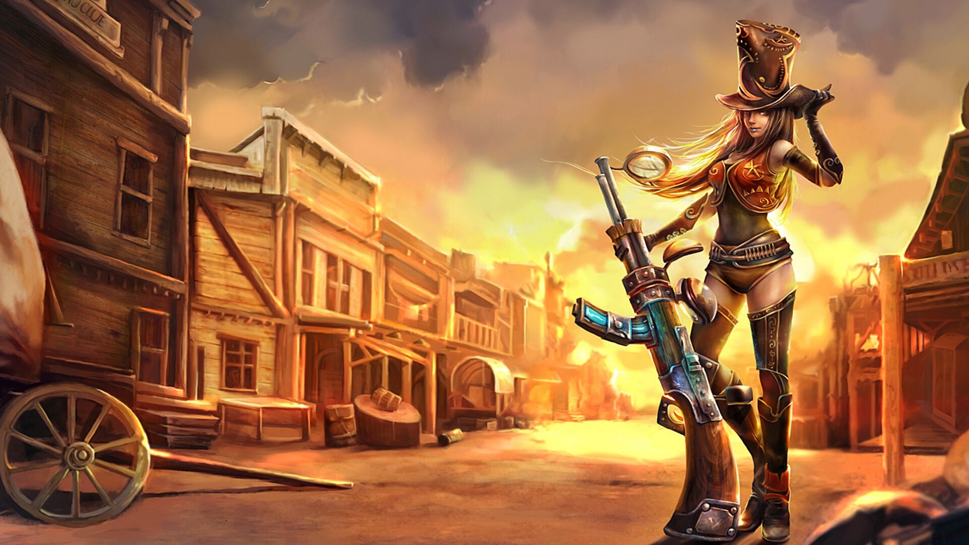 Sheriff Caitlyn from League of Legends with Assault Rifle in Western Town HD Wallpaper