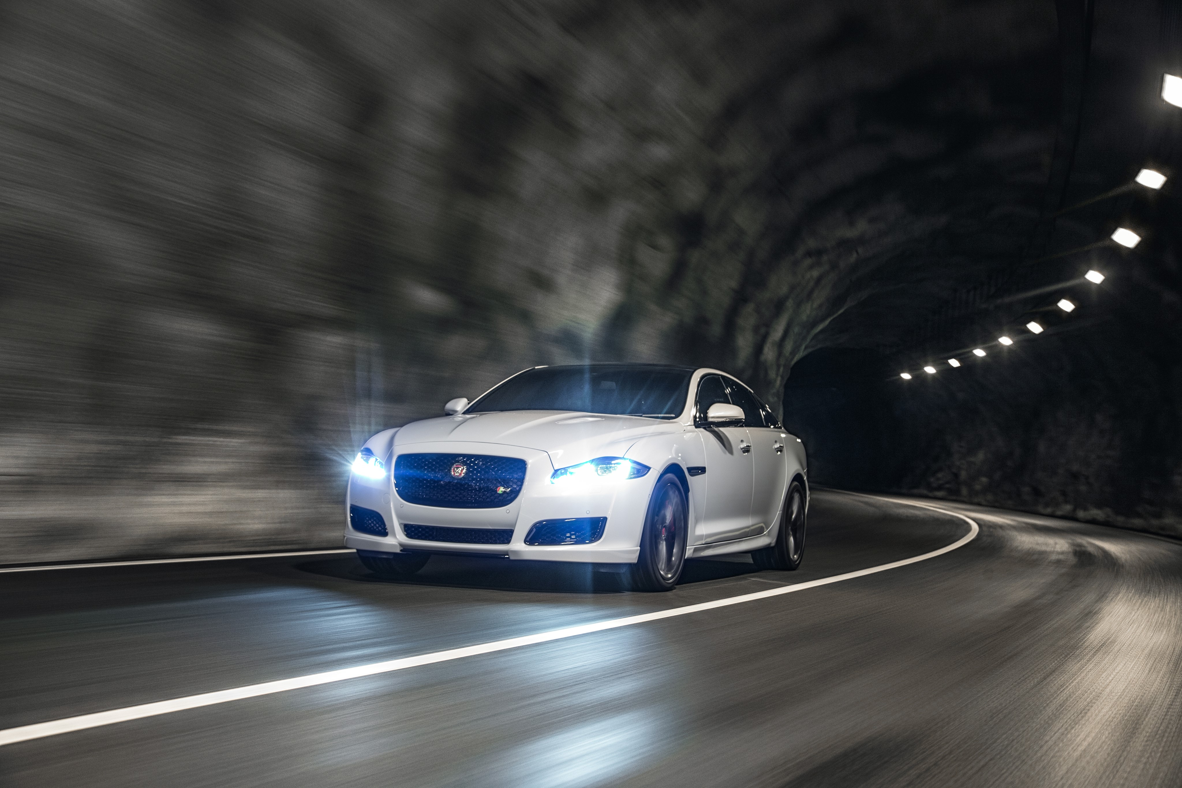 4K White 2015 Jaguar XJR X351 in Tunnel HD Wallpaper