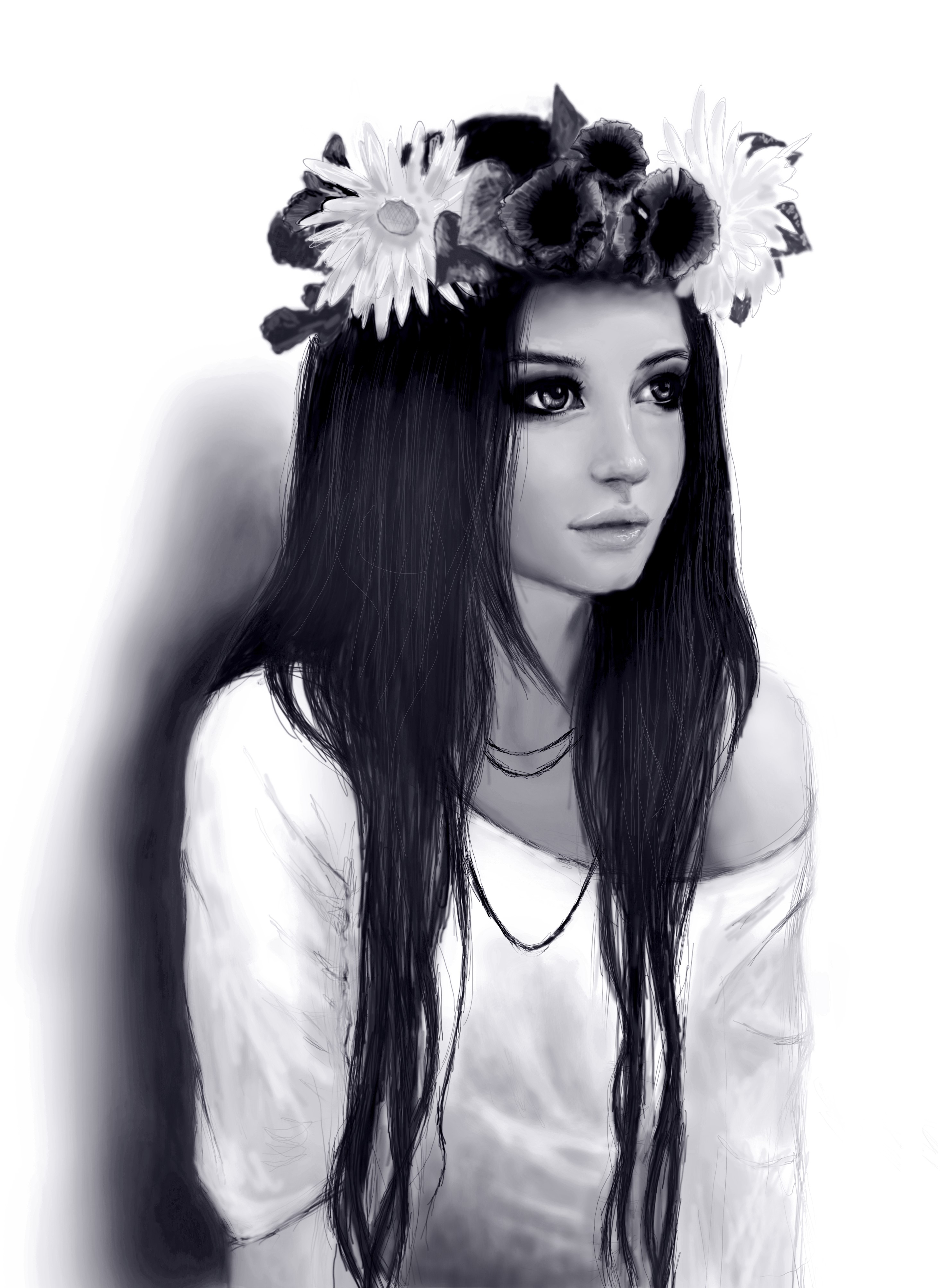 Black and white painting of a girl with a flower wreath HD Phone Wallpaper