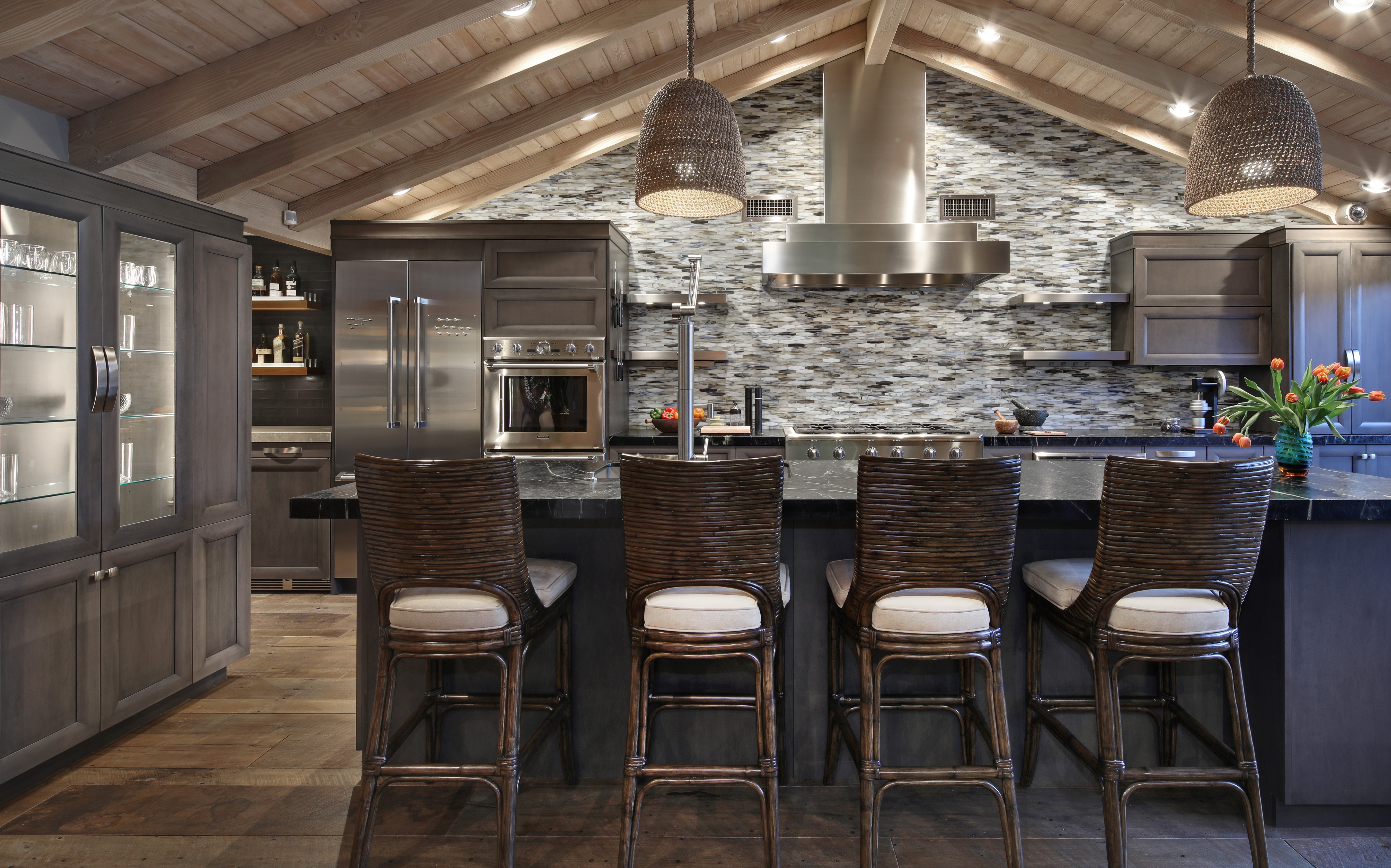 Kitchen Interior Design with Chairs and Lamps HD Wallpaper