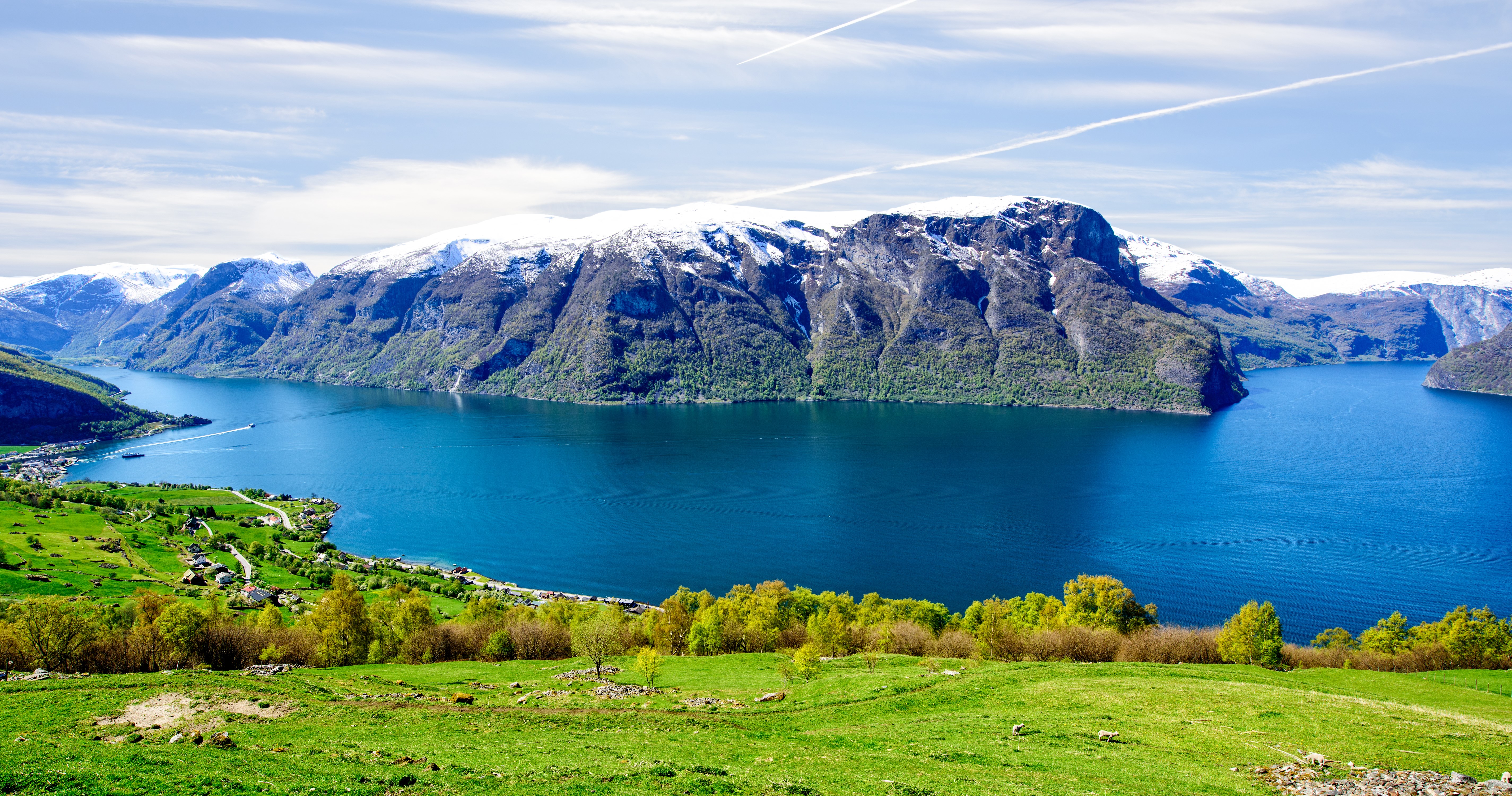 Aurlands Fjord, Norway, Mountains, Grasslands, River HD Wallpaper