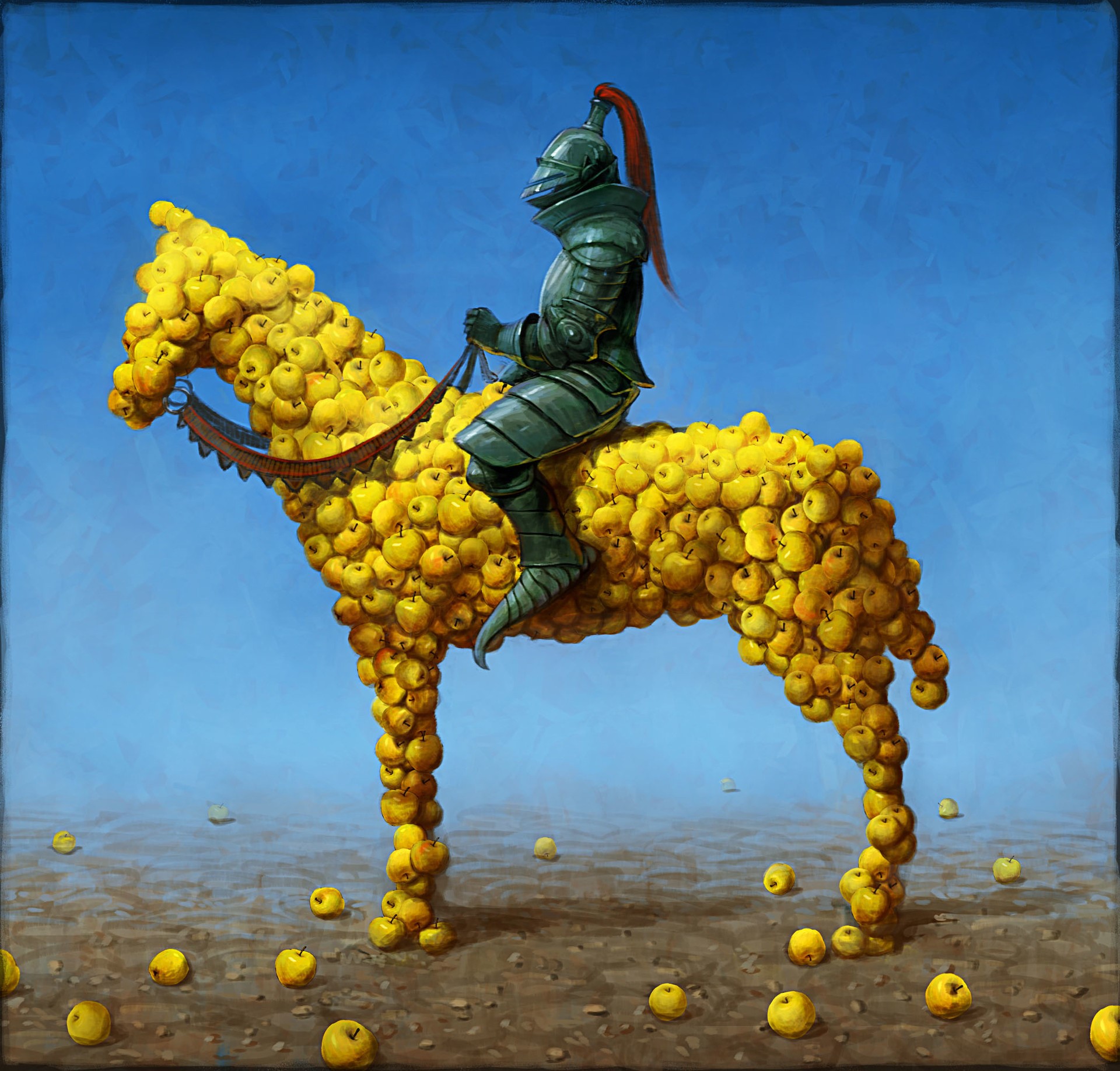 Knight riding a horse made of apples HD Wallpaper