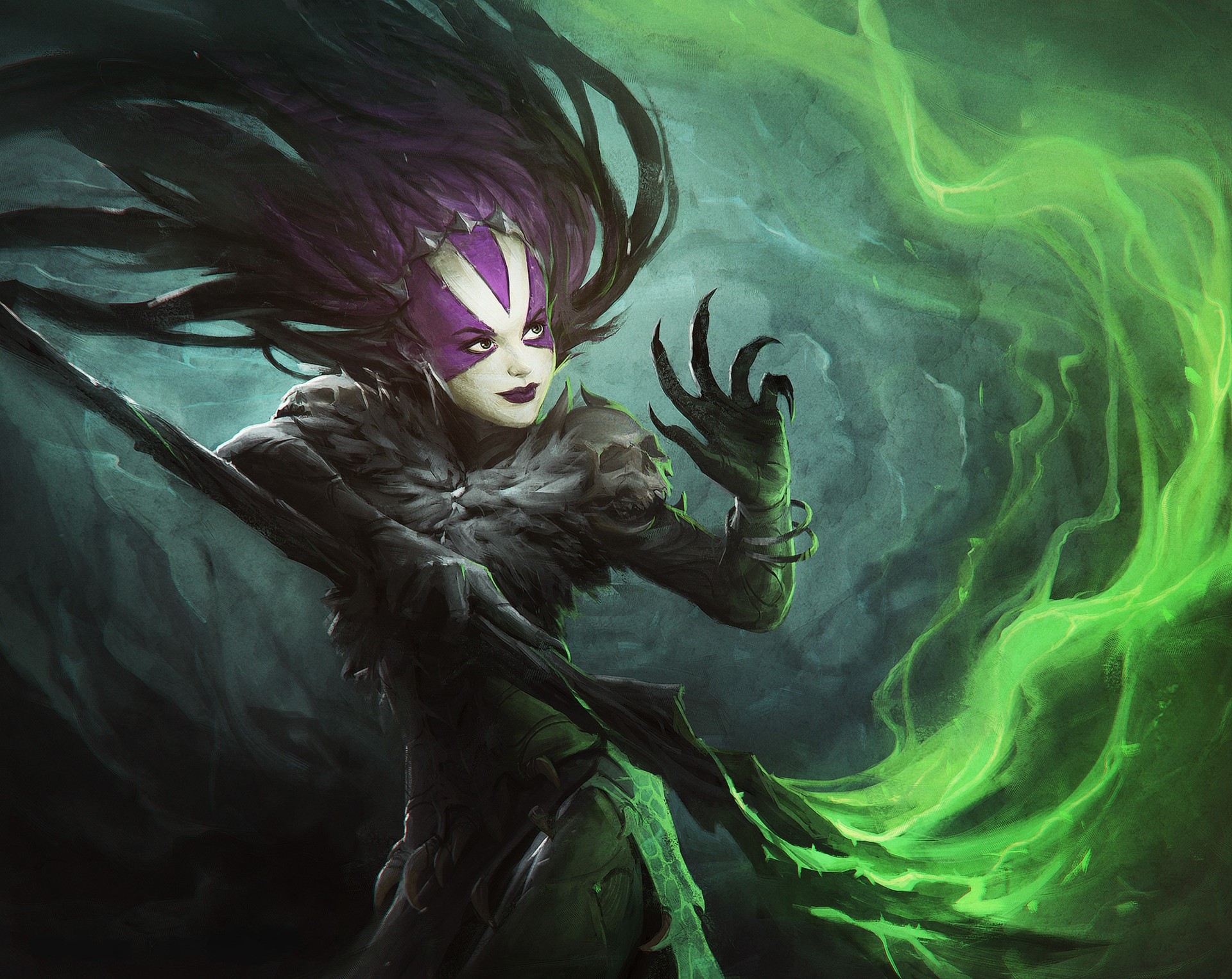 A demon sorceress with purple hair and face paint wields a staff and green magic. HD Wallpaper
