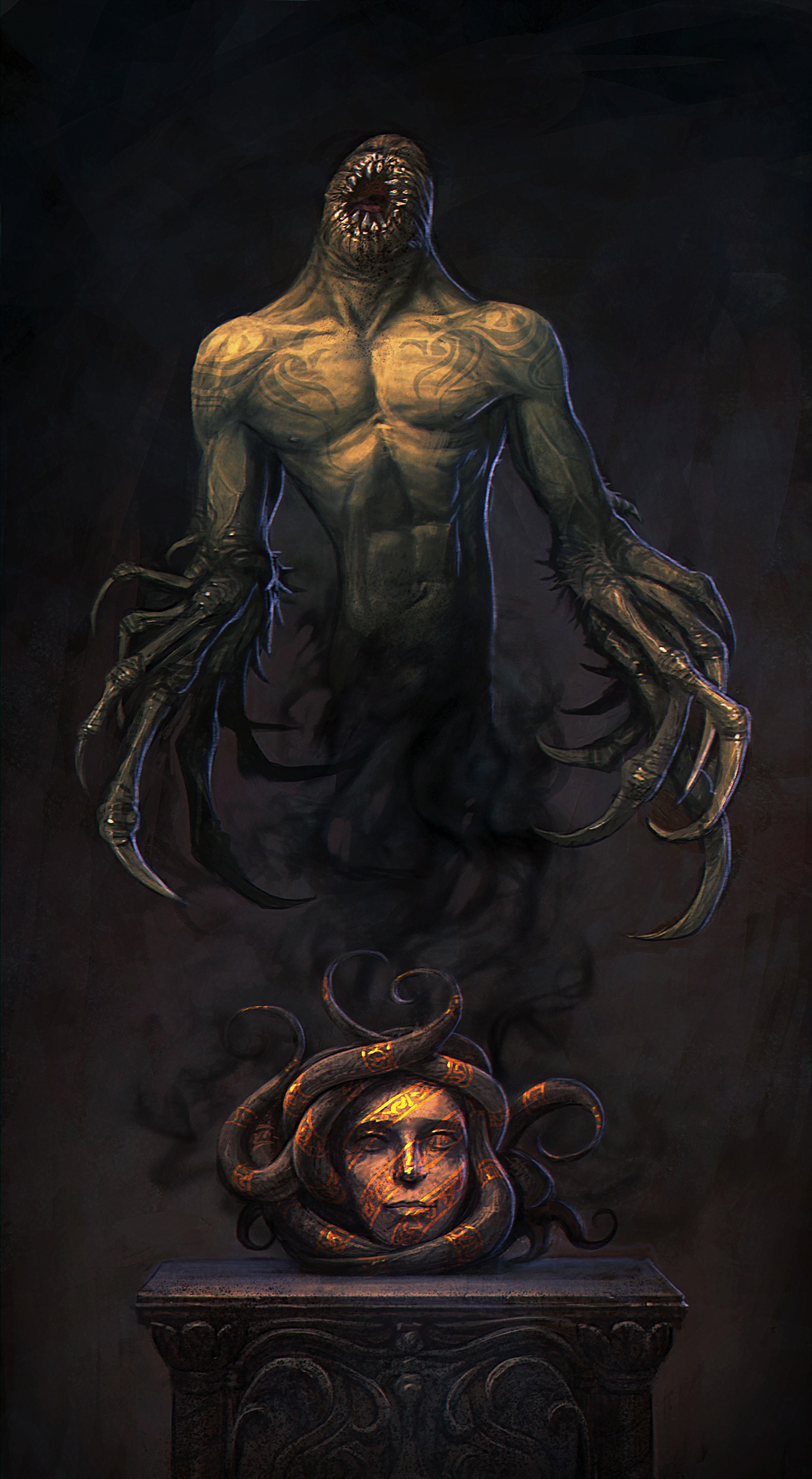 Monster with clawed hands and Medusa head statue HD Phone Wallpaper