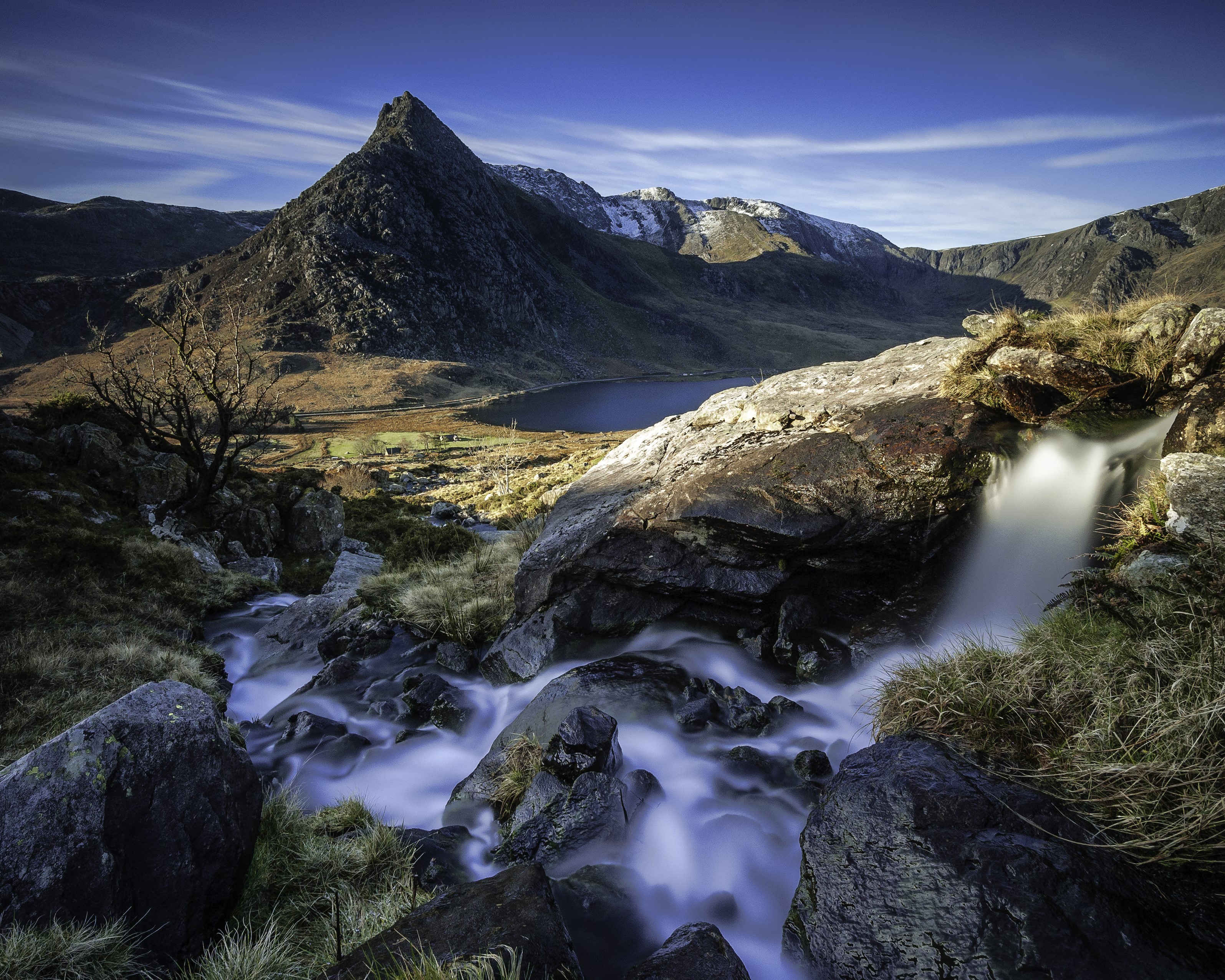 Waterfall and mountain scenery in Capel Curig, Wales HD Wallpaper
