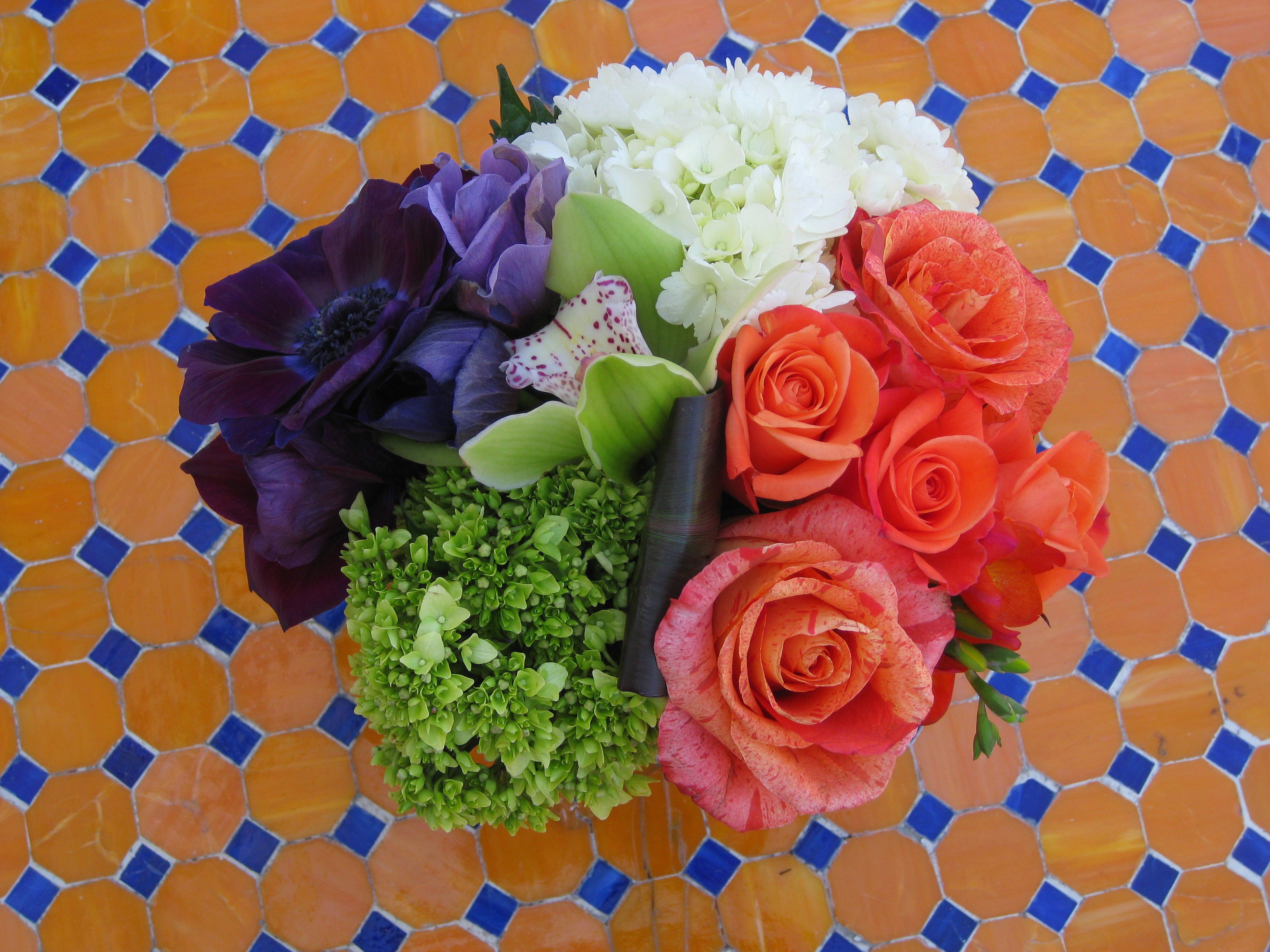 Bouquet of Roses, Hydrangeas, and Anemones on Tile HD Wallpaper