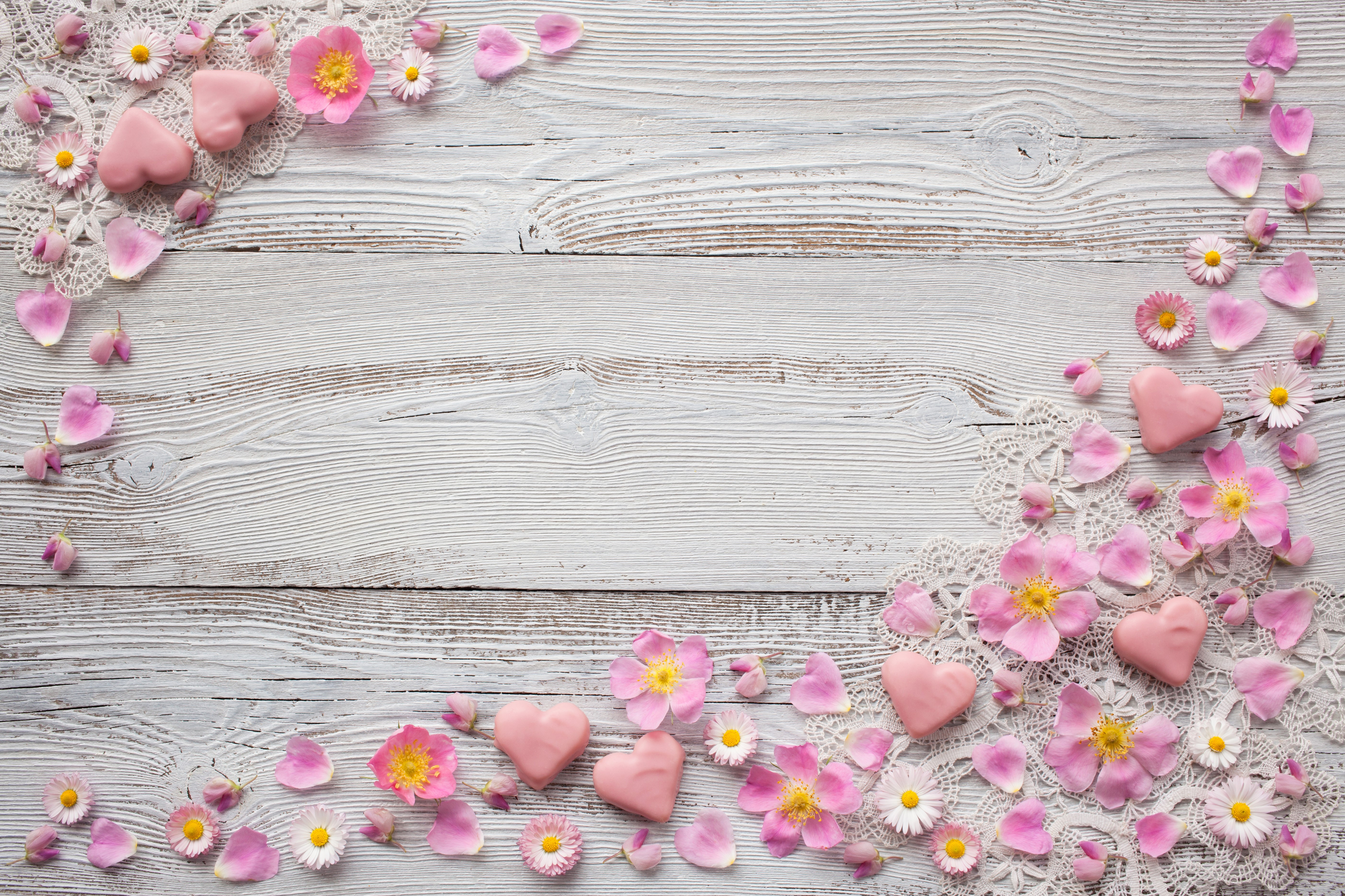 Pink hearts, roses, and daisies on wood planks HD Wallpaper