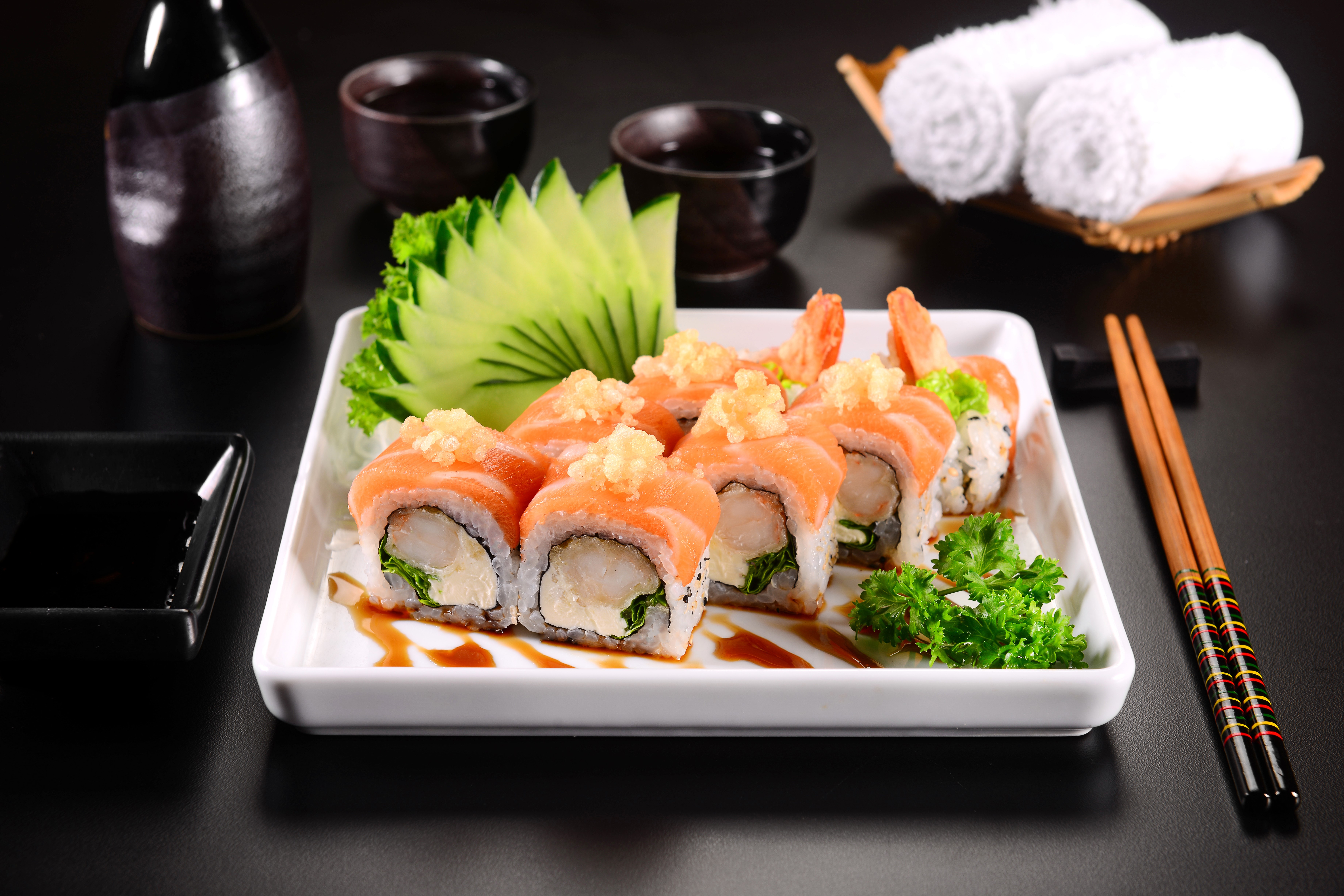 Sushi with Salmon, Shrimp, and Cucumber Garnish HD Wallpaper