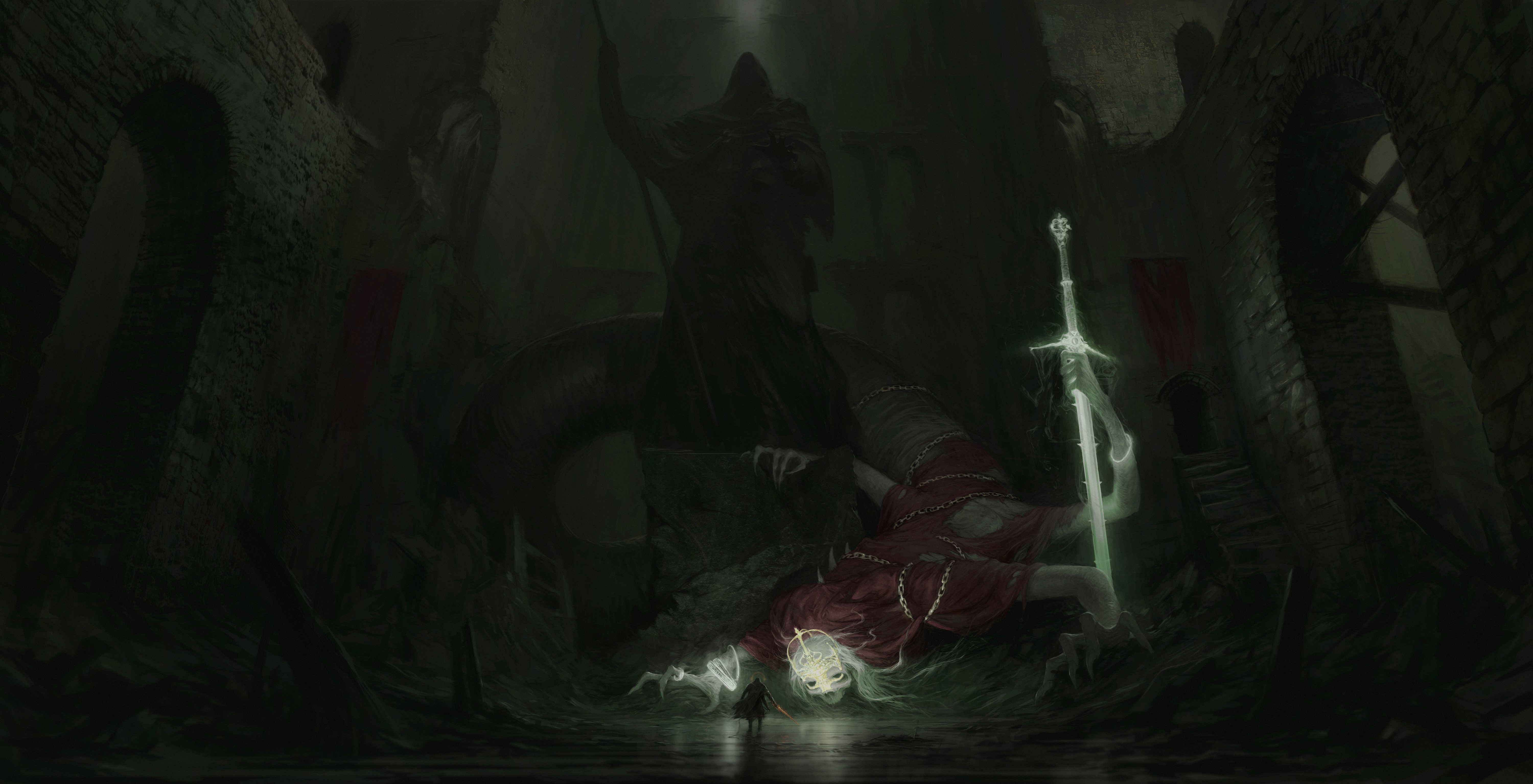 Supernatural beings and warriors with swords HD Wallpaper