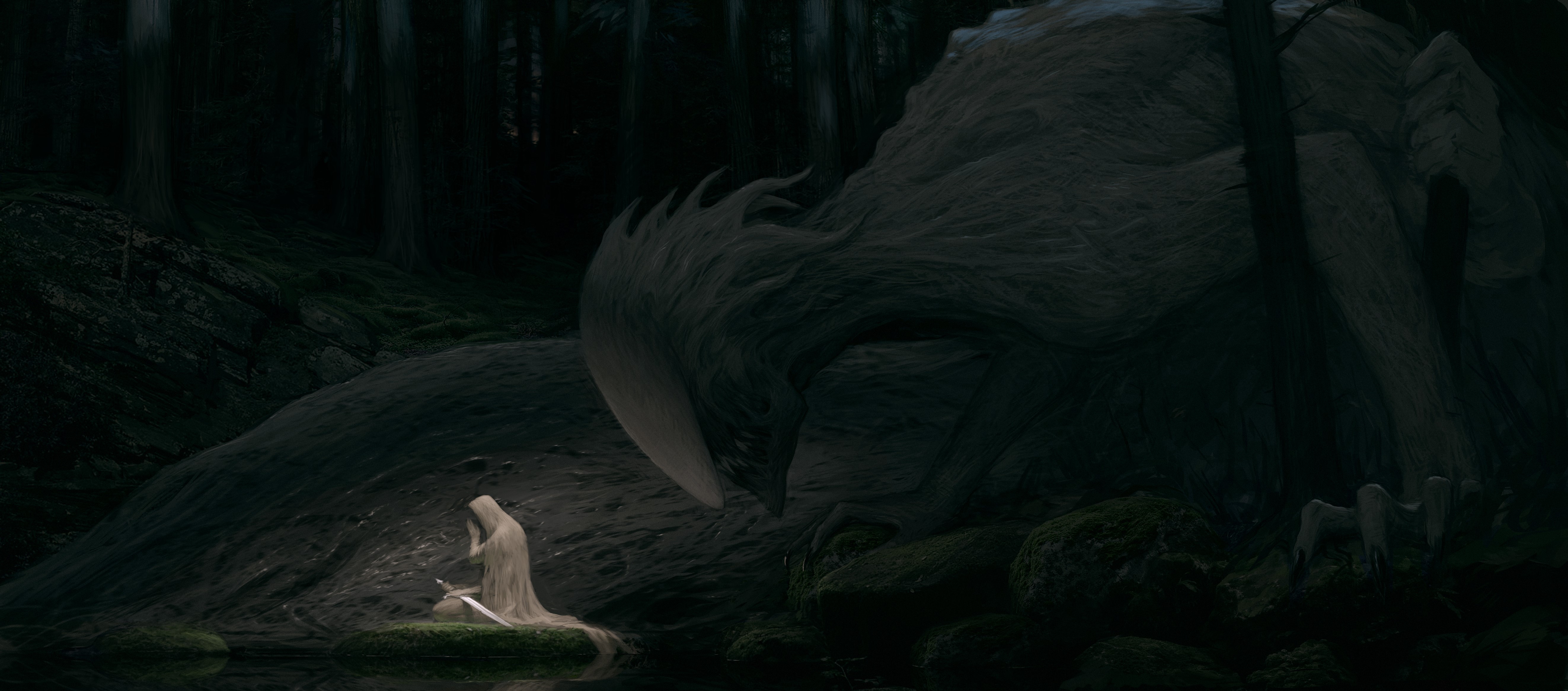 Warrior with sword facing a large monster in a dark forest HD Wallpaper