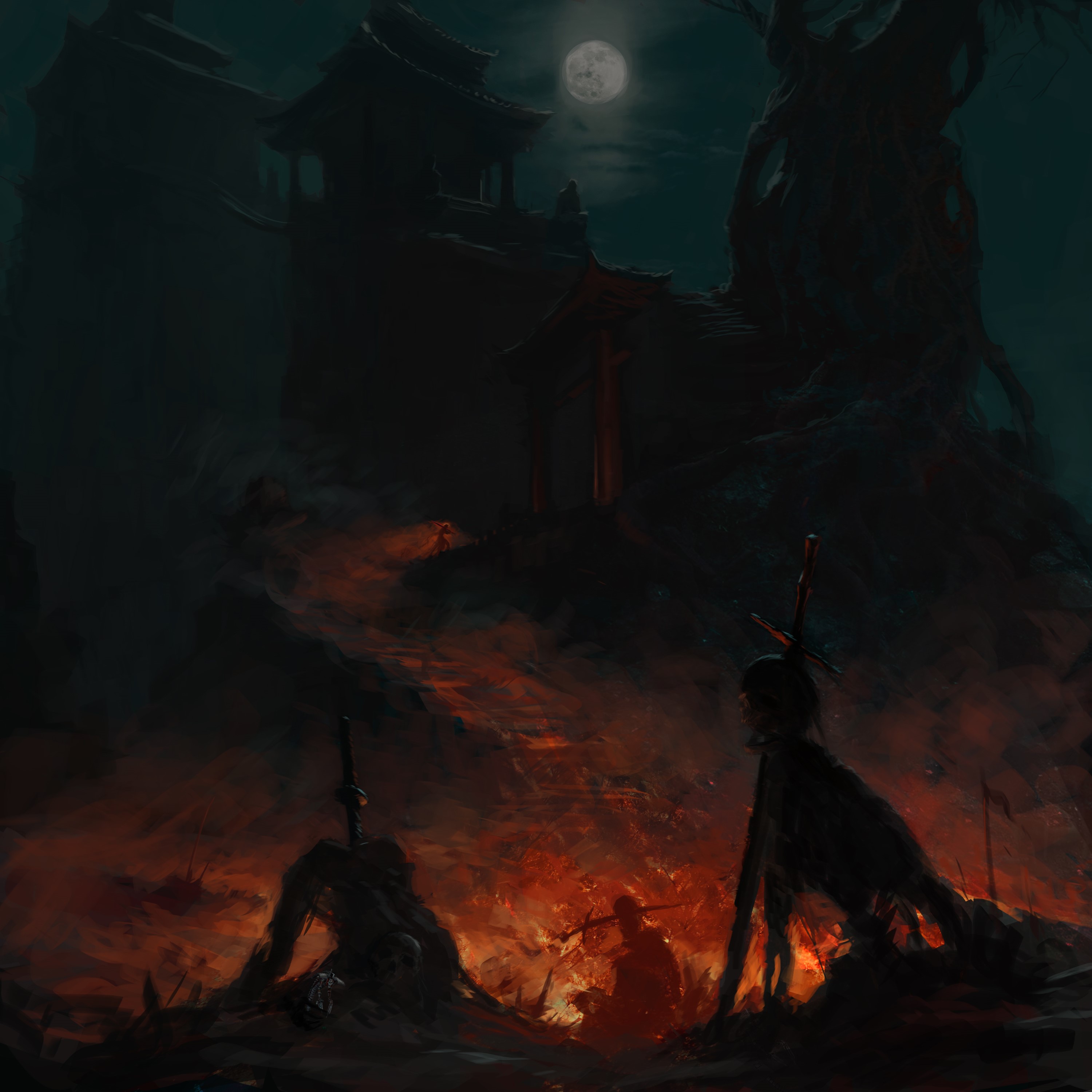 Warriors and Pagodas at Night Under the Moon HD Wallpaper
