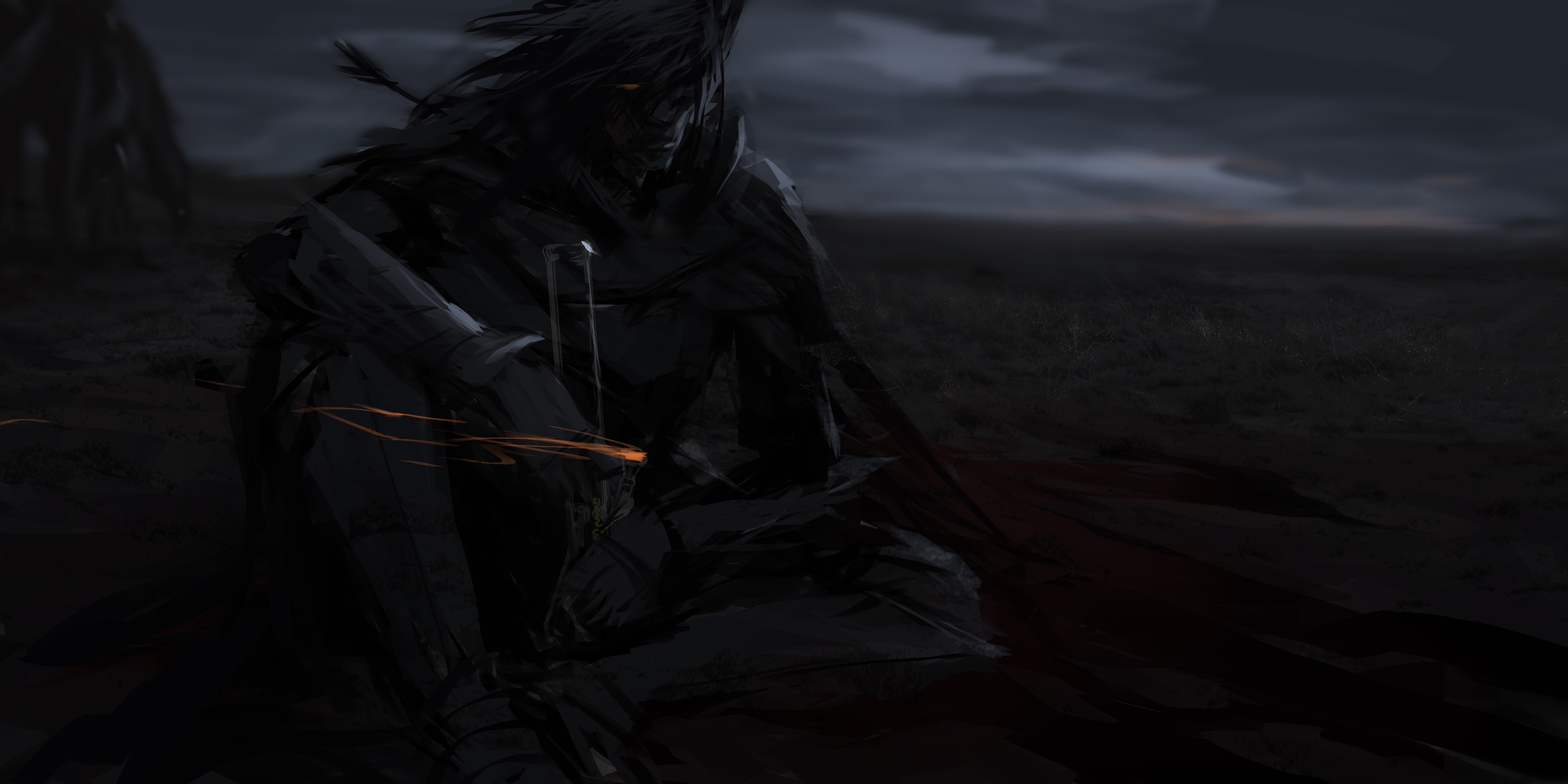 Warrior sitting in a dark landscape HD Wallpaper