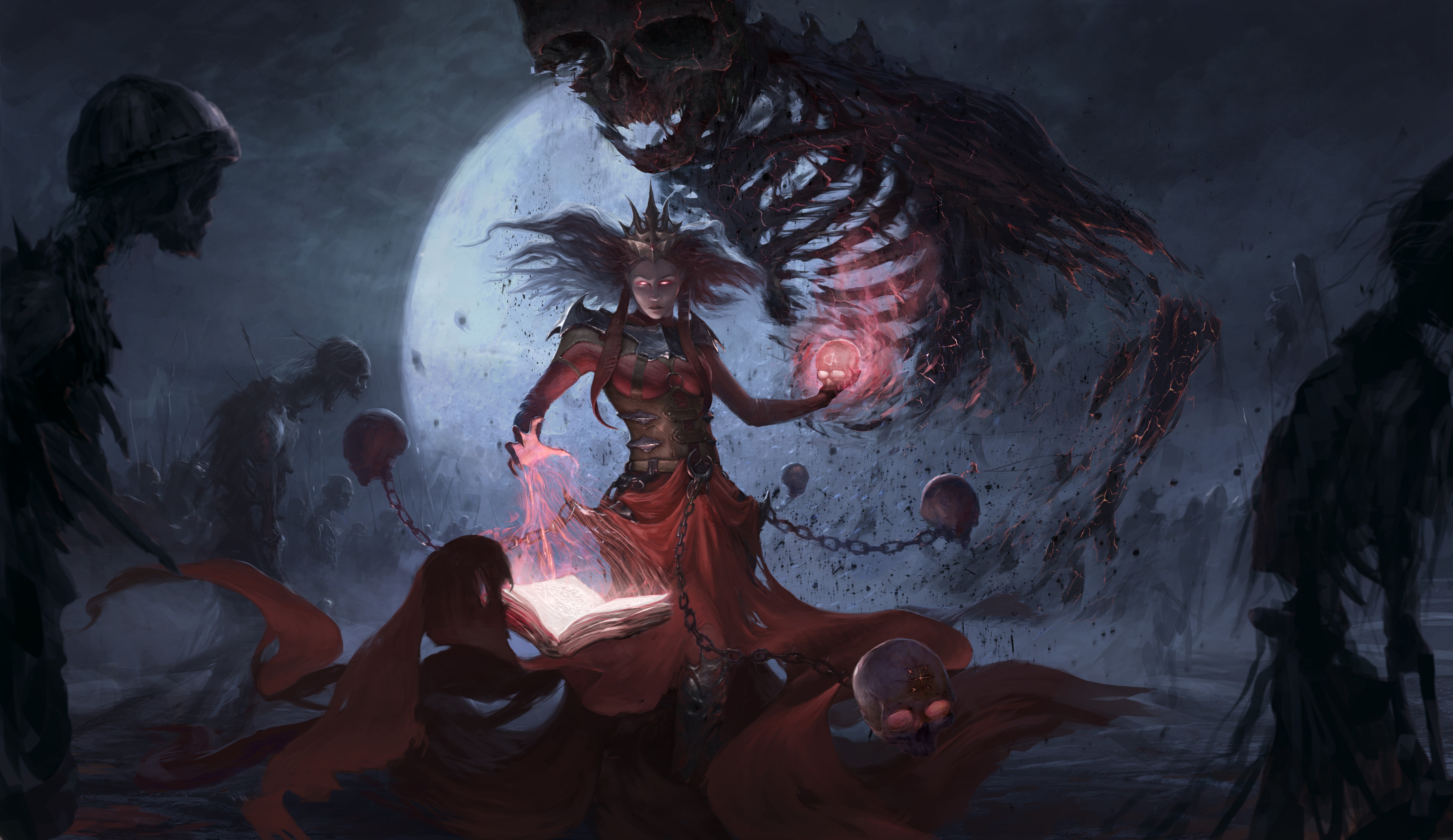 Witch casting magic with undead and skeletons HD Wallpaper