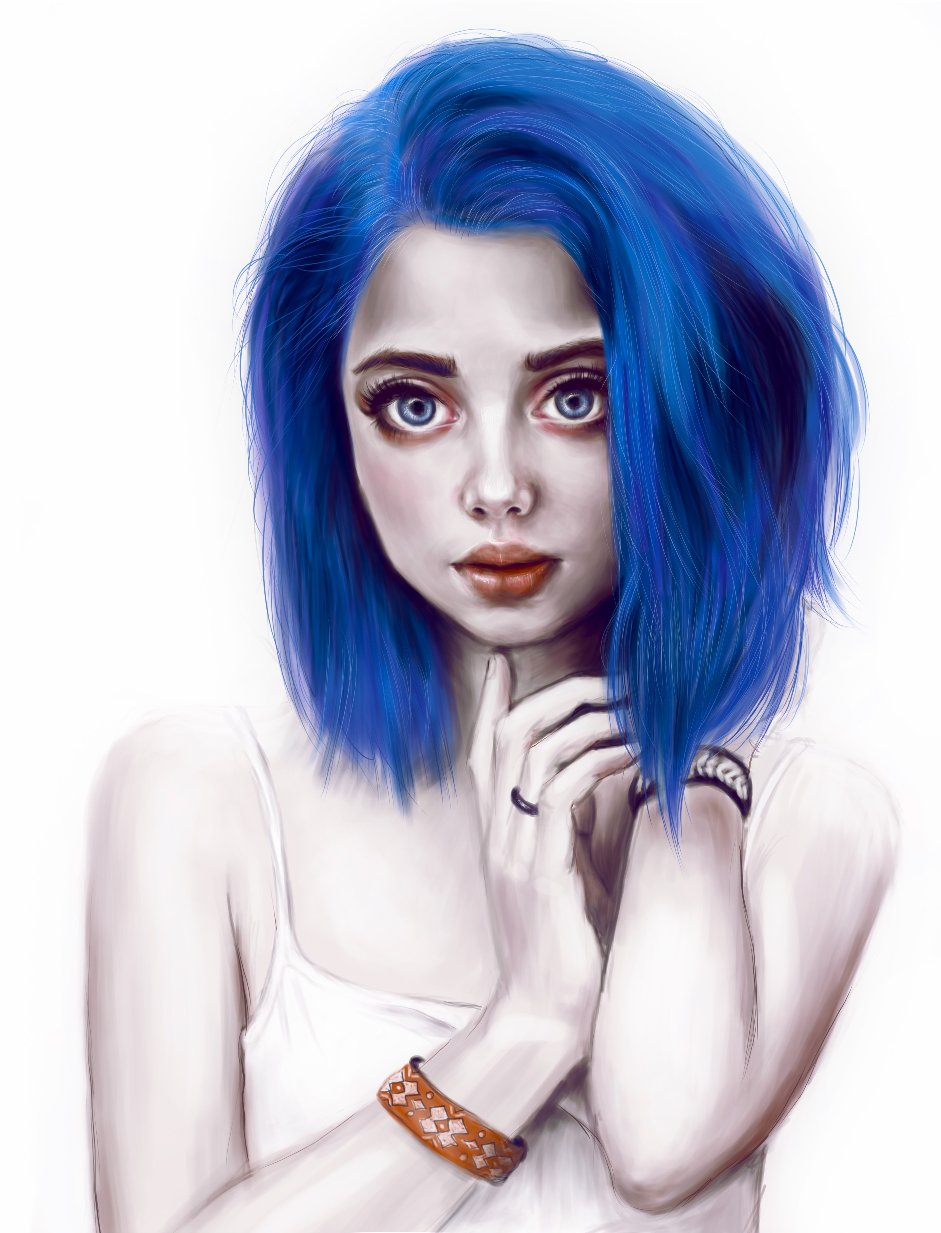 Painting of a young woman with blue hair HD Phone Wallpaper