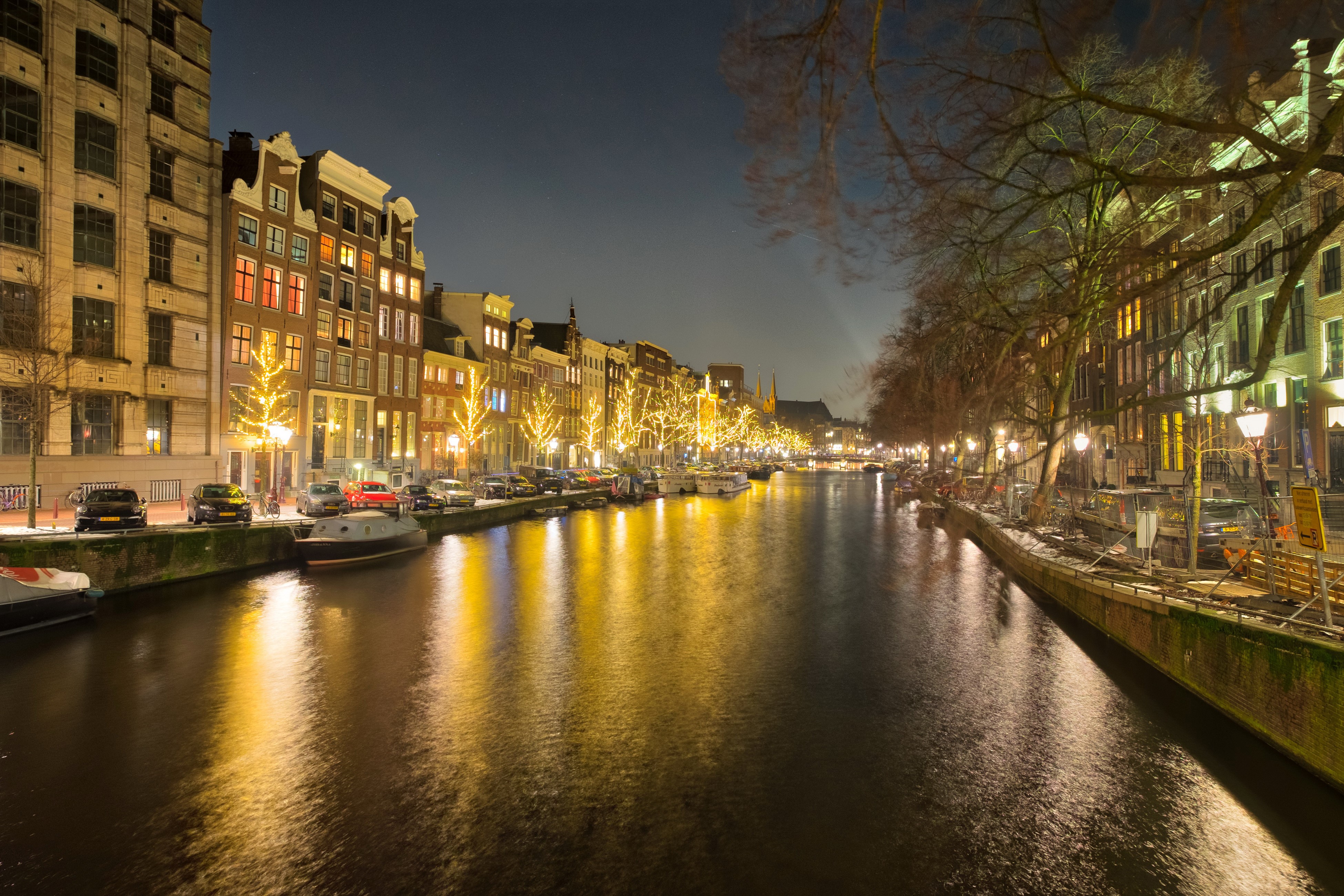 Amsterdam Canal at Night with Illuminated Houses HD Wallpaper