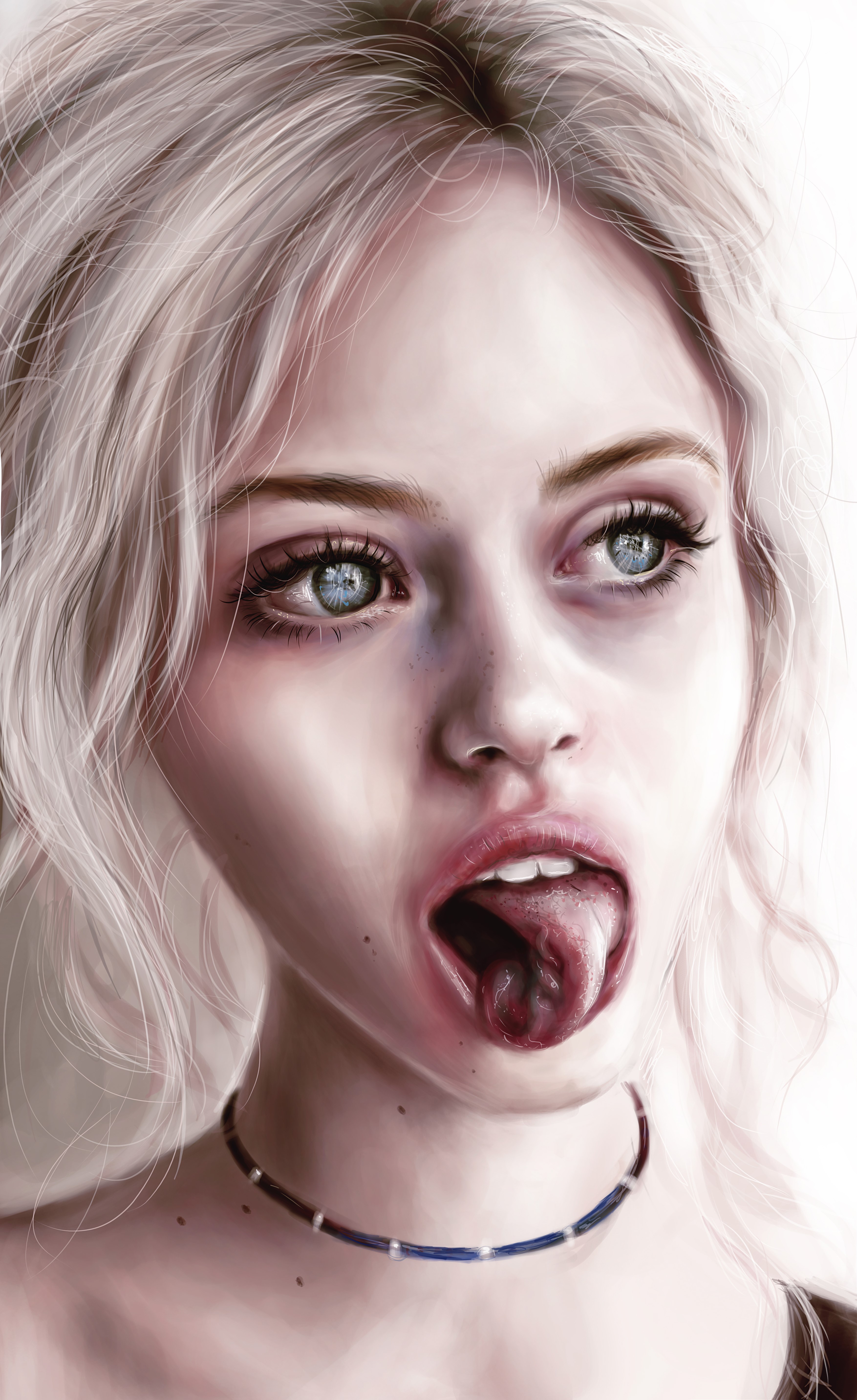 Painting of a woman with blonde hair and blue eyes sticking out her tongue HD Phone Wallpaper