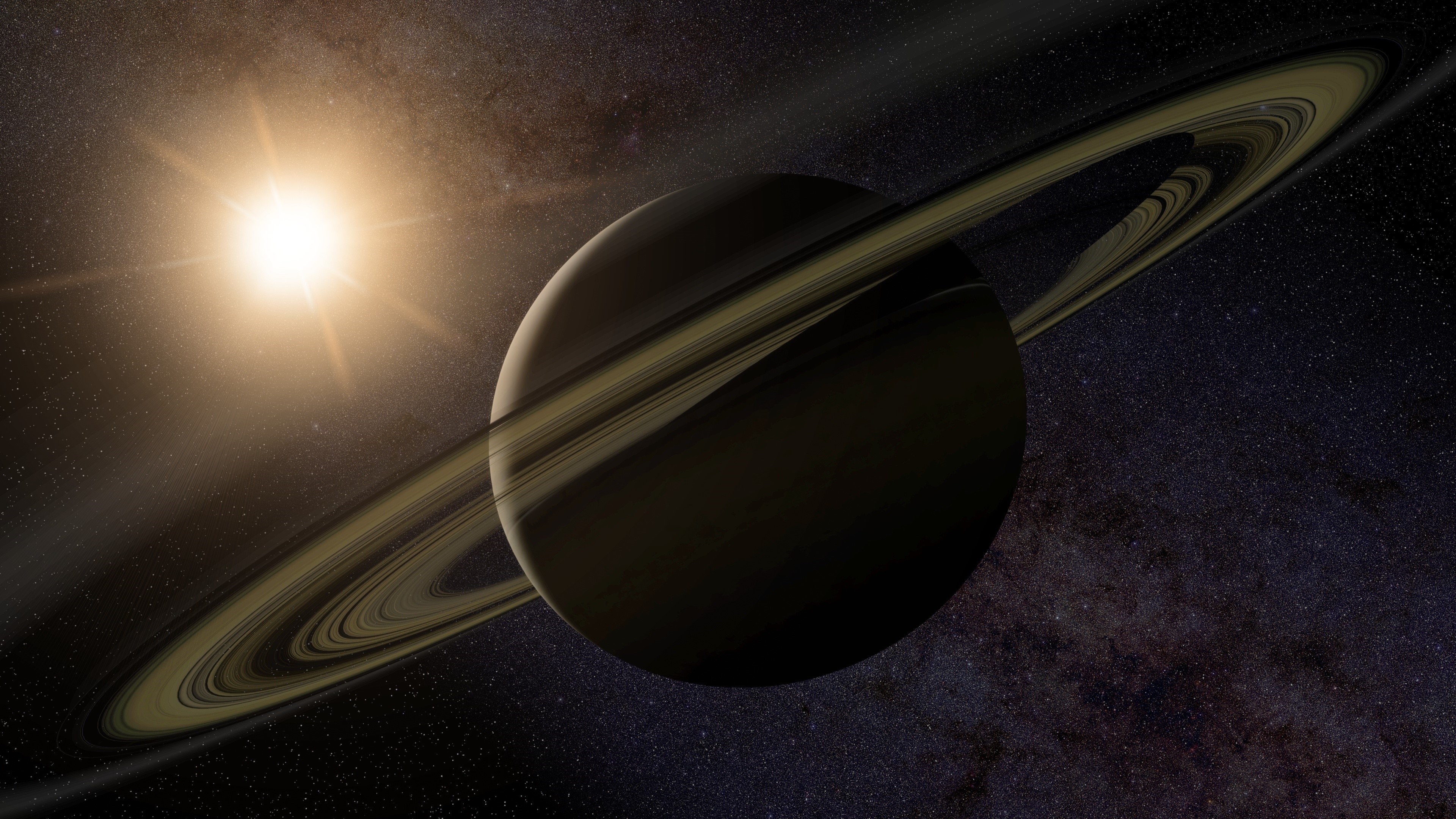Saturn planet with rings and sun HD Wallpaper