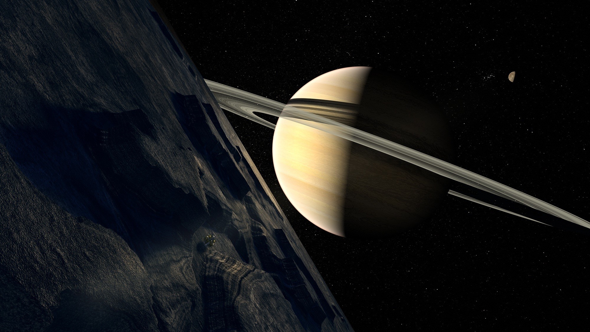 Saturn and its rings with a rocky moon HD Wallpaper