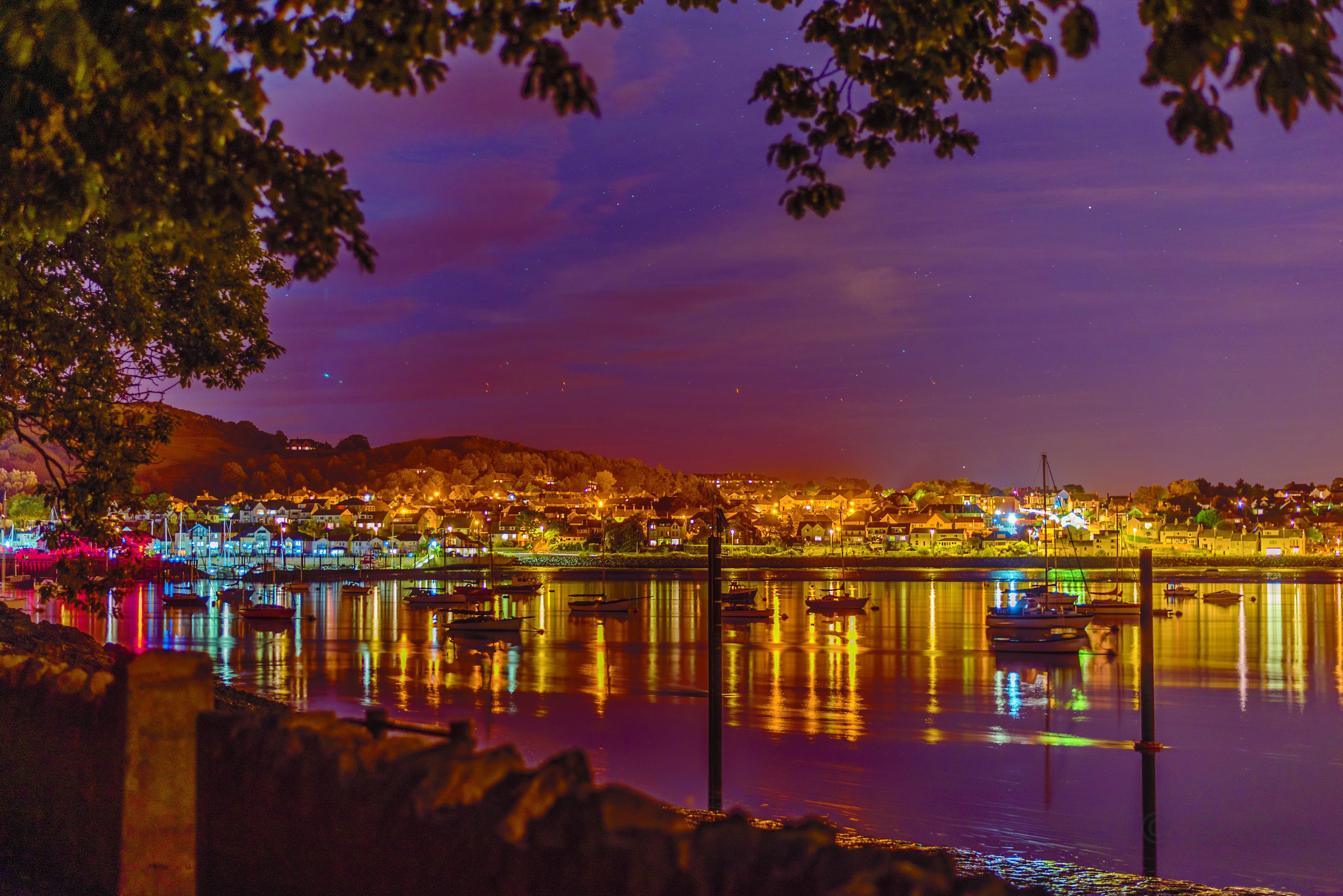 Conwy Wales Bay at Night with Boats and Houses HD Wallpaper
