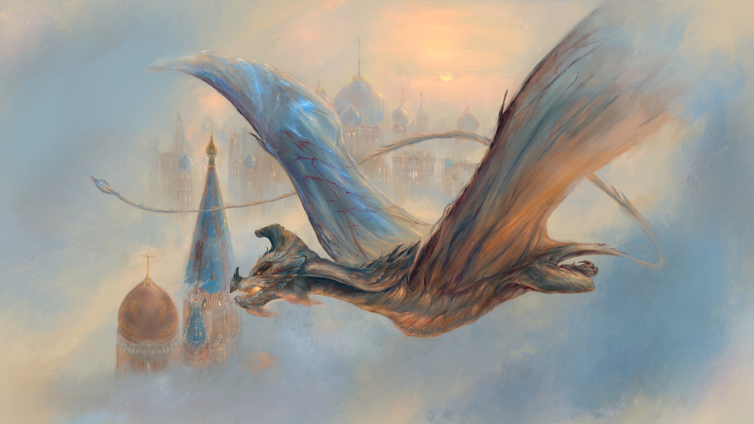 Dragon flying over a city with domes and spires HD Wallpaper