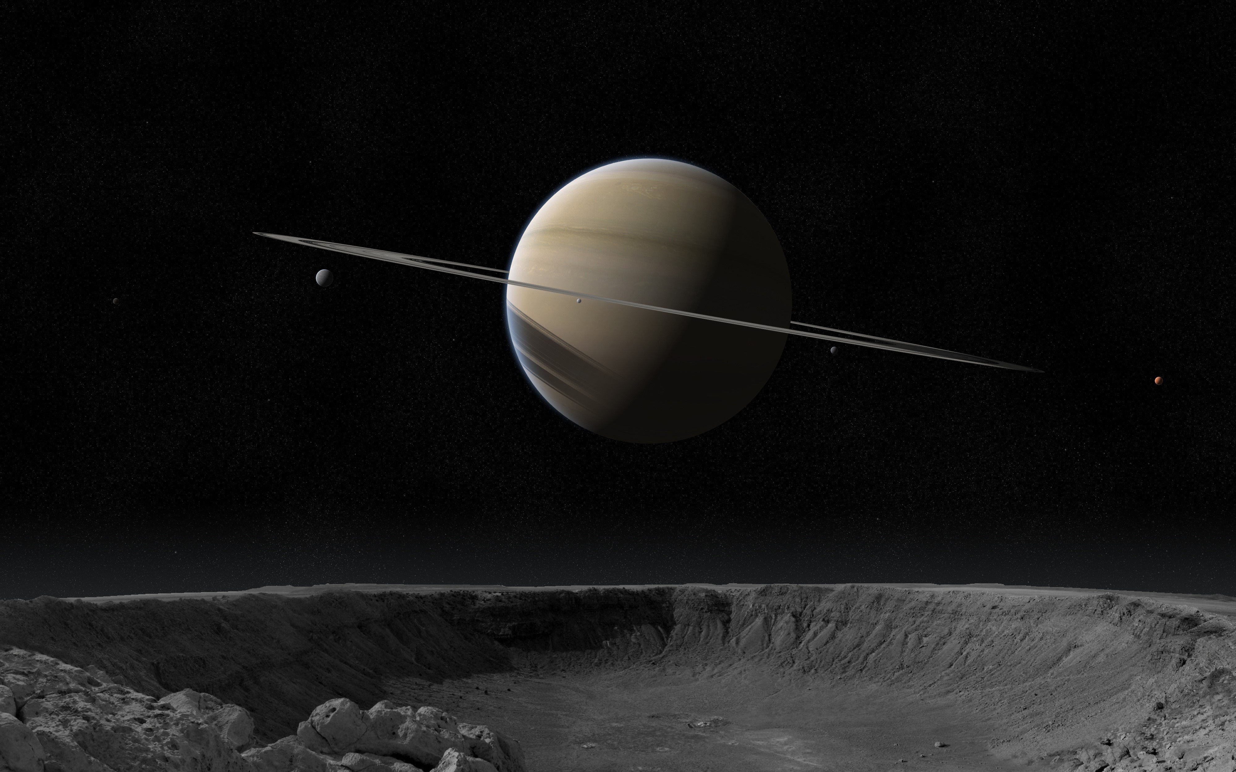 4K View of Saturn with Its Rings and Moons HD Wallpaper
