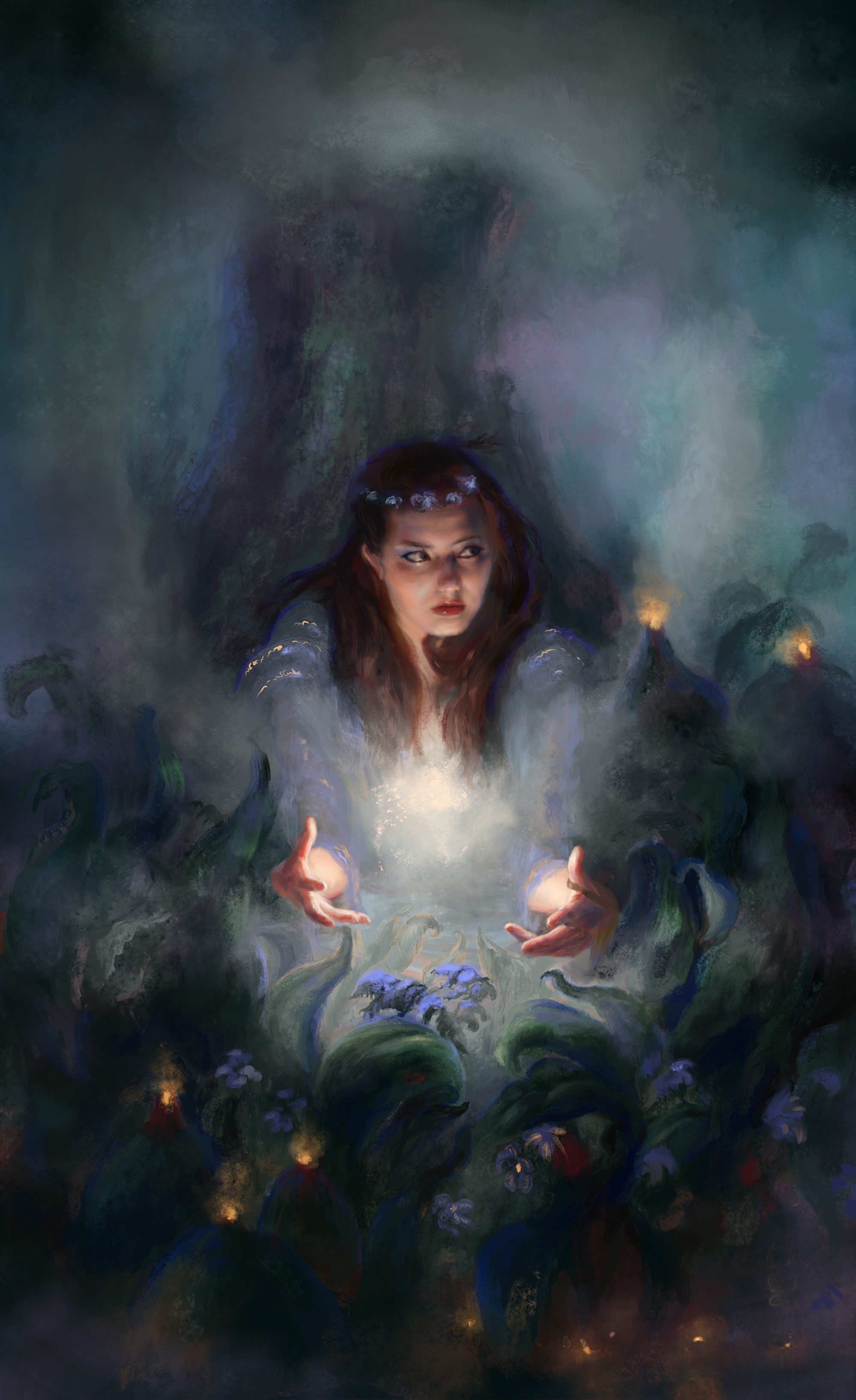 A witch conjures light in a mystical forest HD Phone Wallpaper