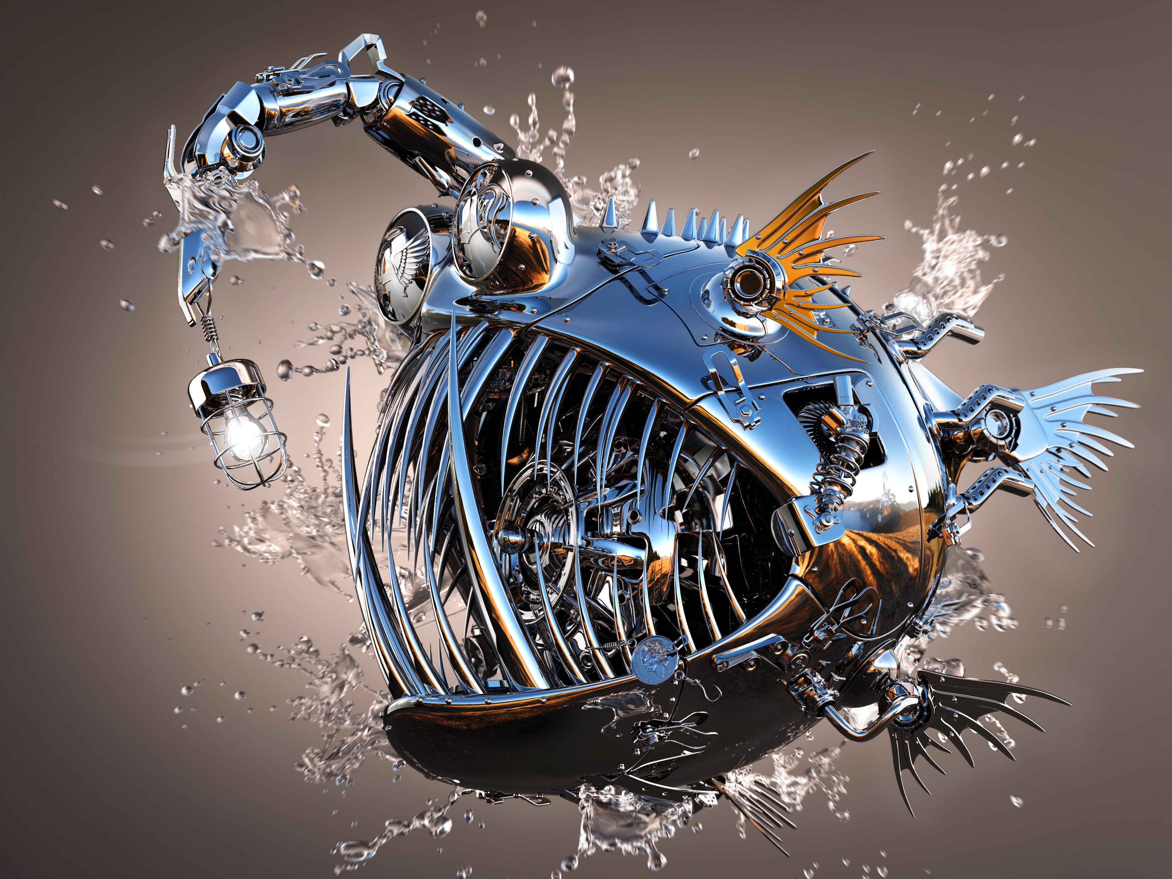 Steampunk Anglerfish Robot with Light Bulb HD Wallpaper