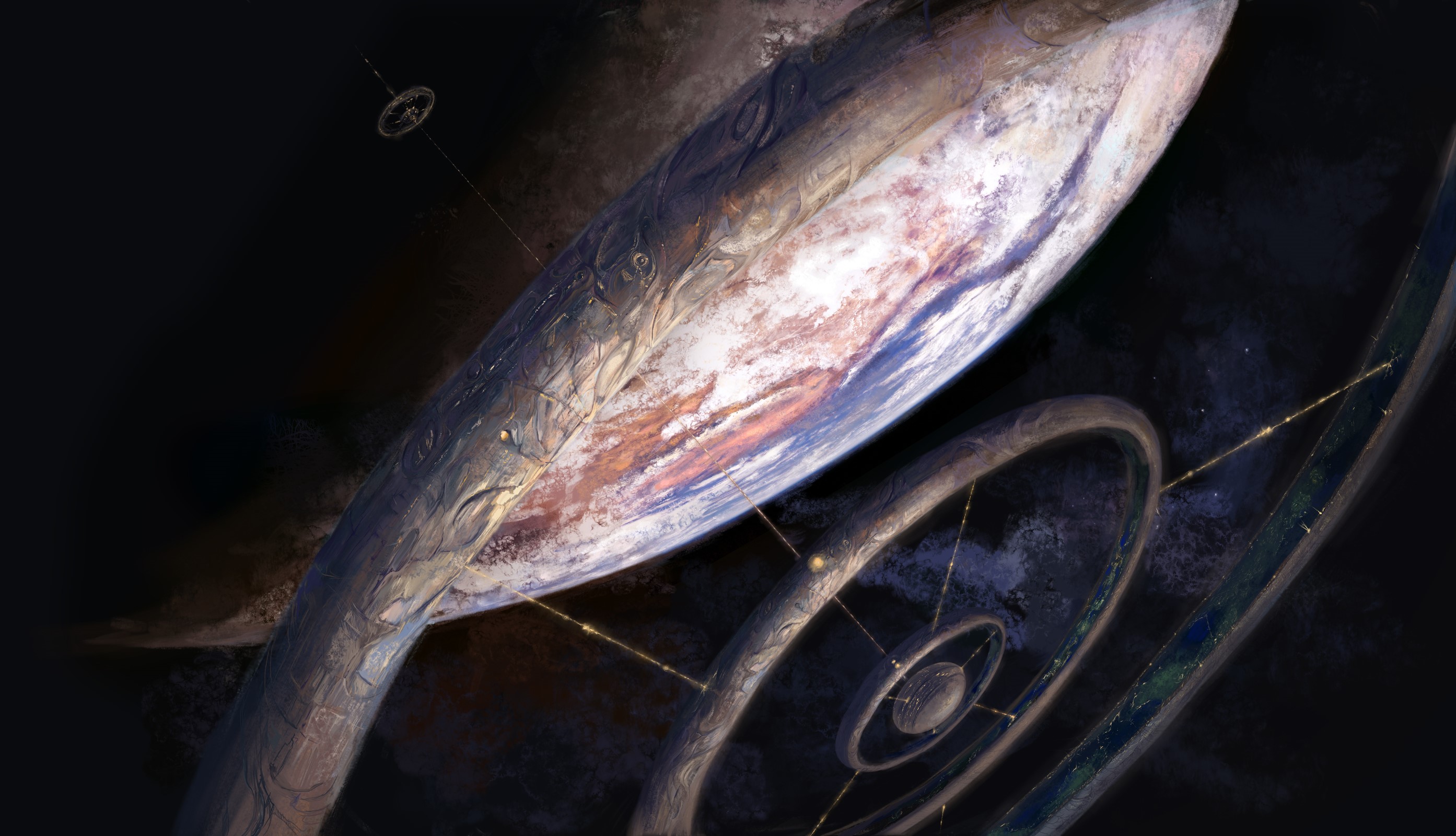 Futuristic Planet with Orbital Stations HD Wallpaper