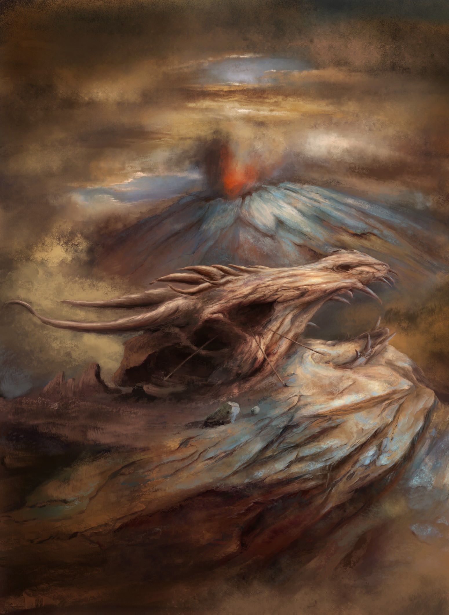 Dragon skull in front of a volcano HD Phone Wallpaper