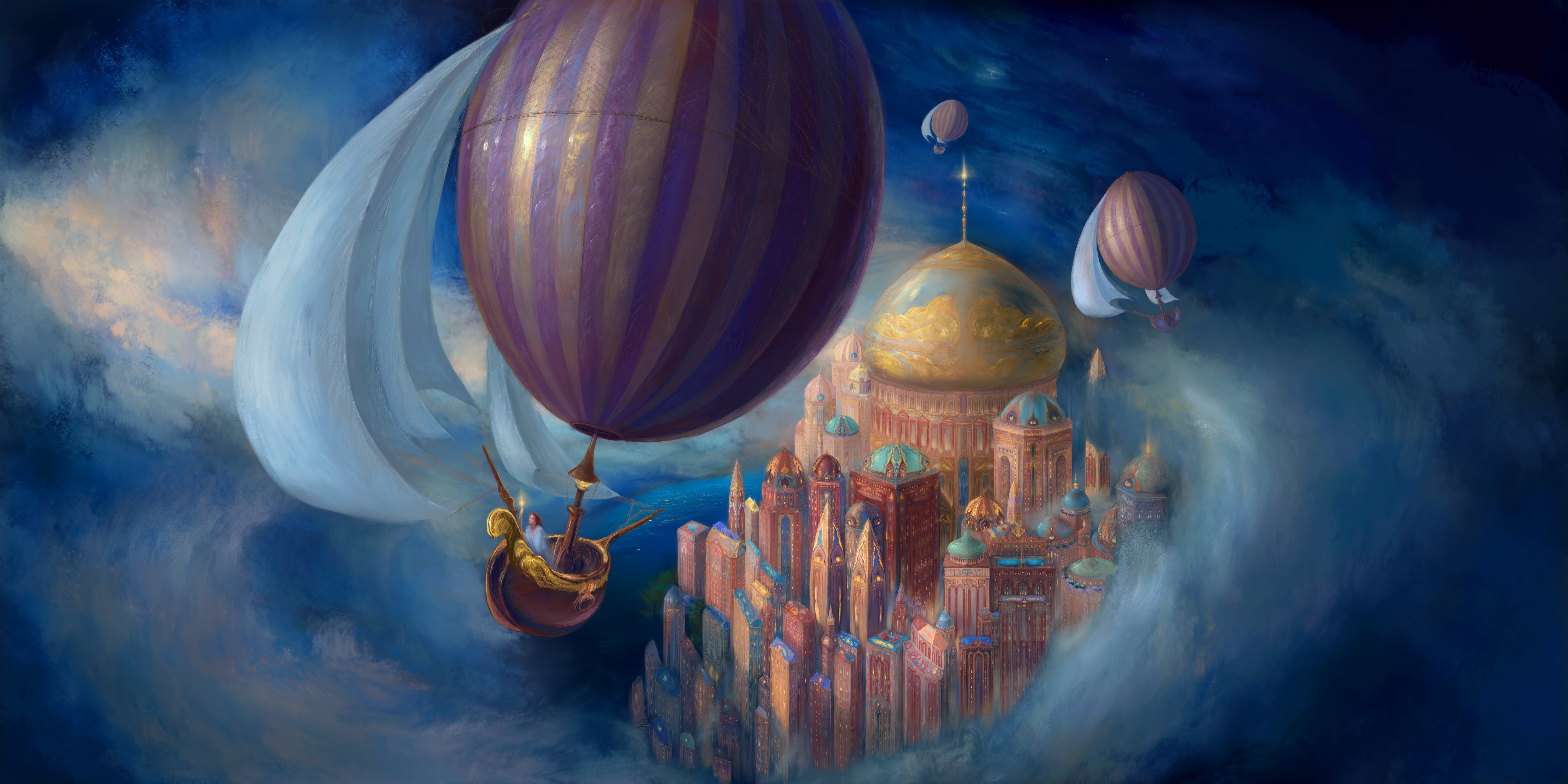 Fantastic world with aerostats and a city HD Wallpaper