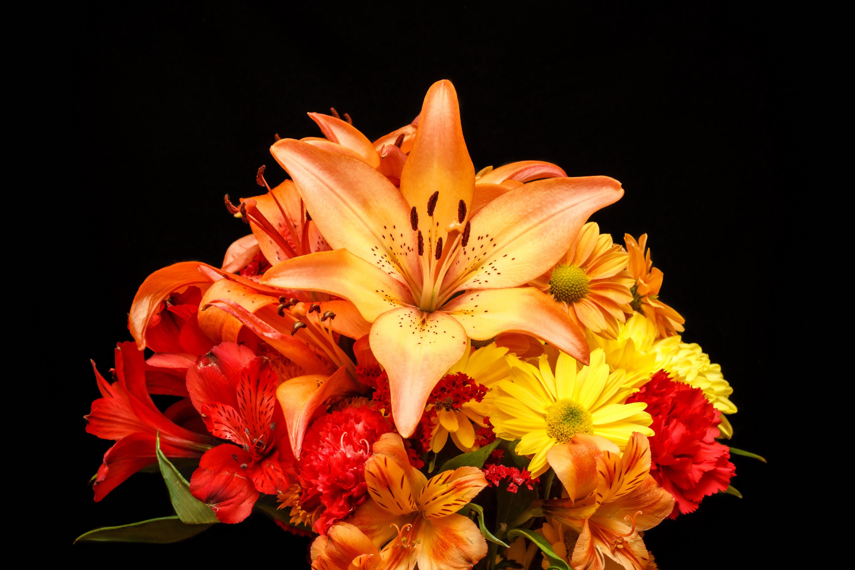 Bouquet of orange lilies, red alstroemeria, and yellow chrysanthemums HD Wallpaper