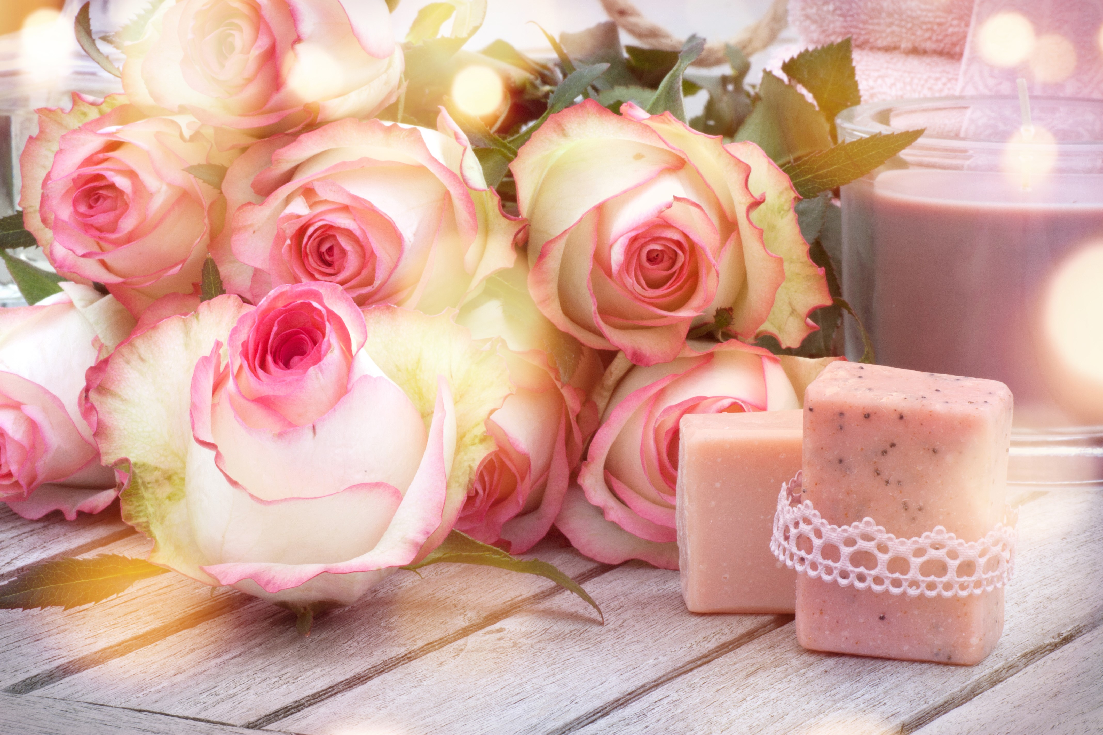 4K Roses, Candles, and Soap on Wood Planks HD Wallpaper