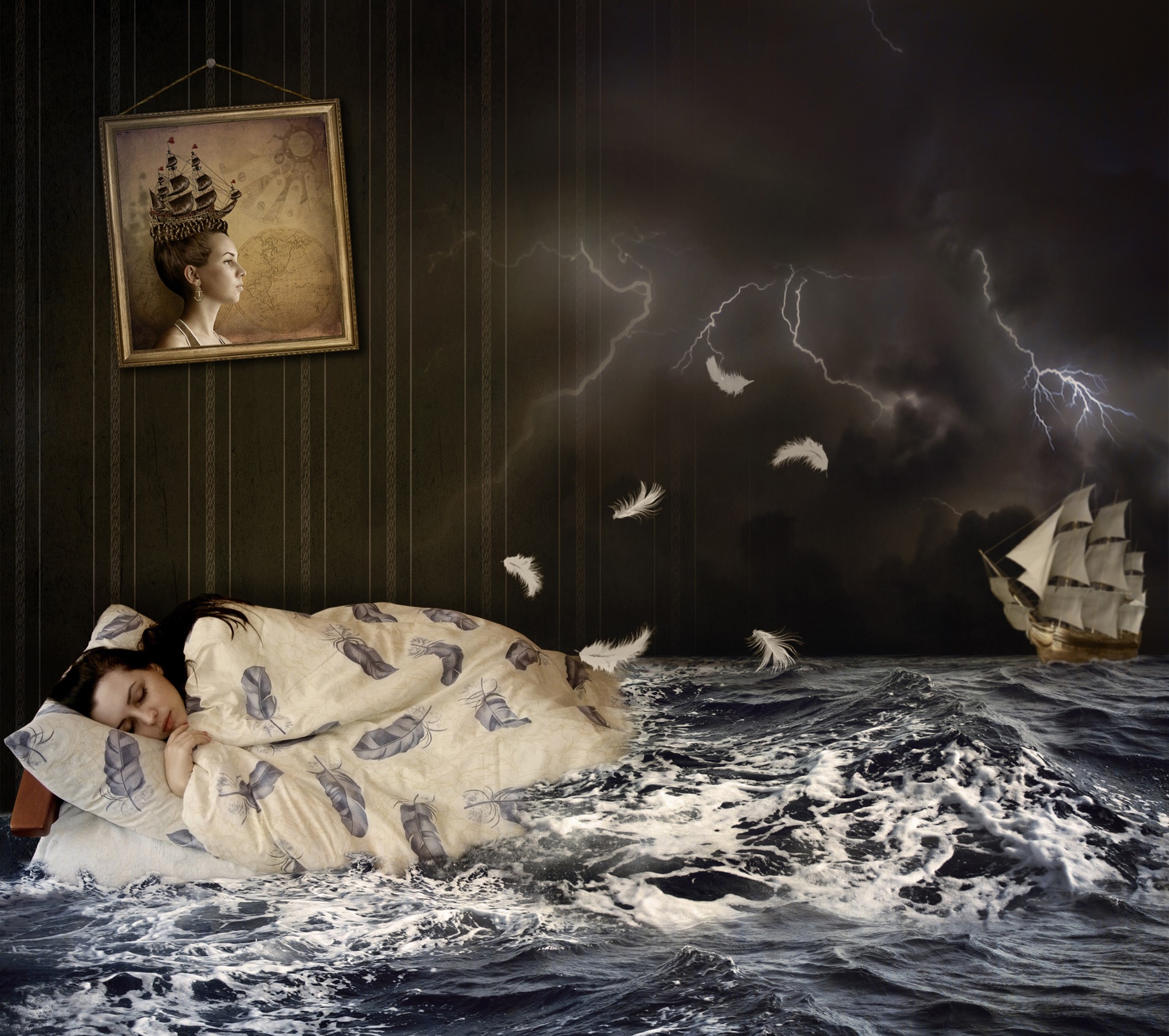 Woman sleeping in bed on stormy sea with ship HD Wallpaper